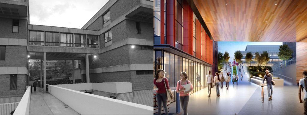 A before and after shot of the gateway at Bryan Hall