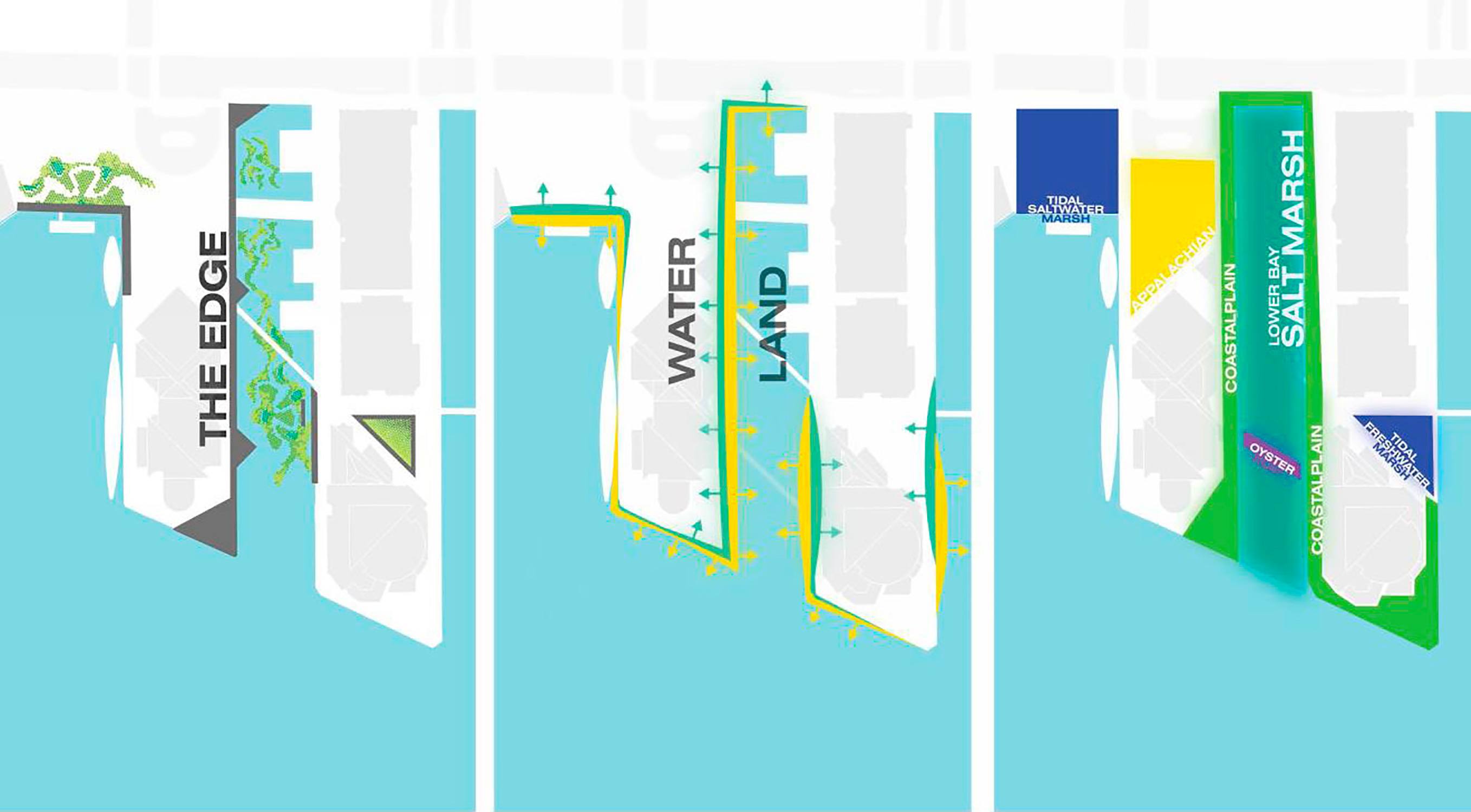 Top-down plan view of planning principle overlays for the National Aquarium Waterfront Campus Master...