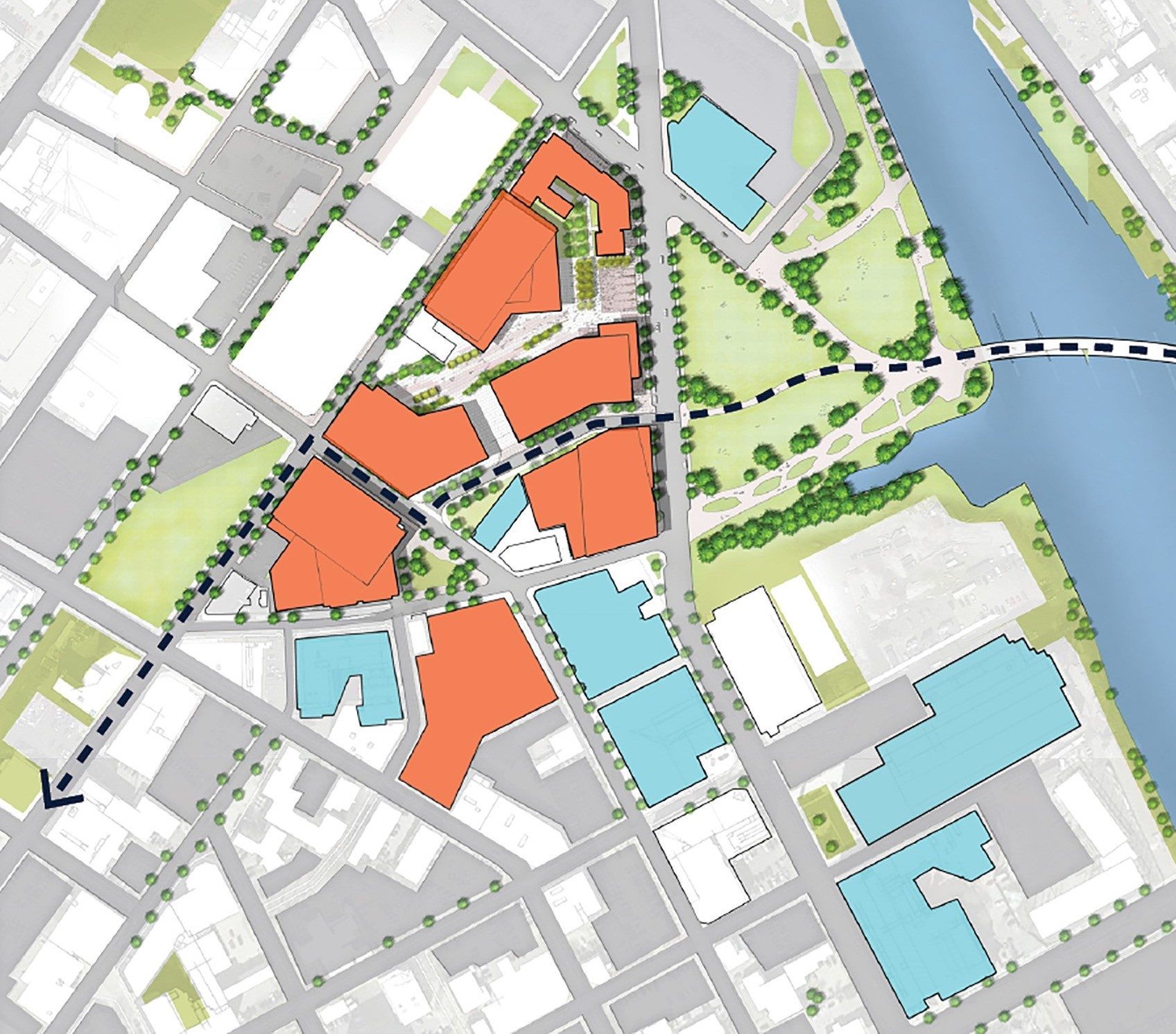 Two-dimensional illustrative plan image of the Providence Innovation District overlayed with the...