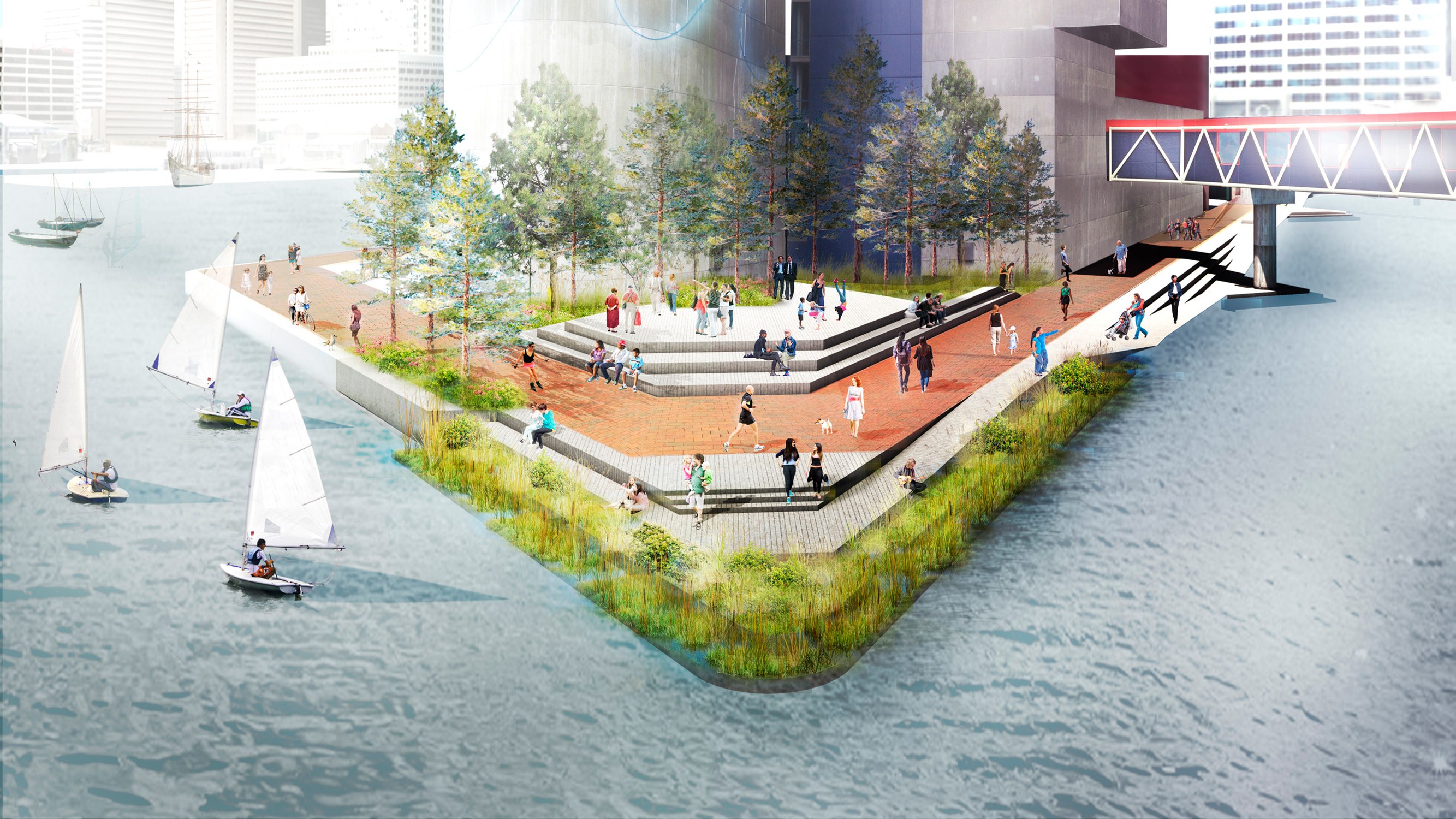 Rendered view of the implemented recommendations on Pier 3 for the National Aquarium Waterfront...