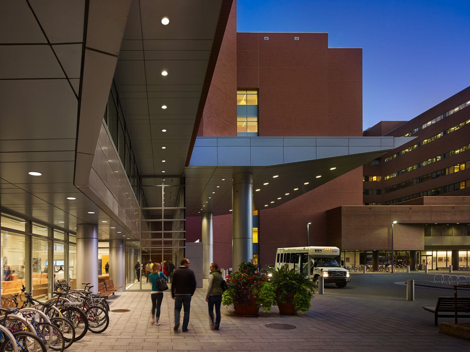 Ground level view of the main entry to the Nelson Harvey Building at Johns Hopkins Hospital at...