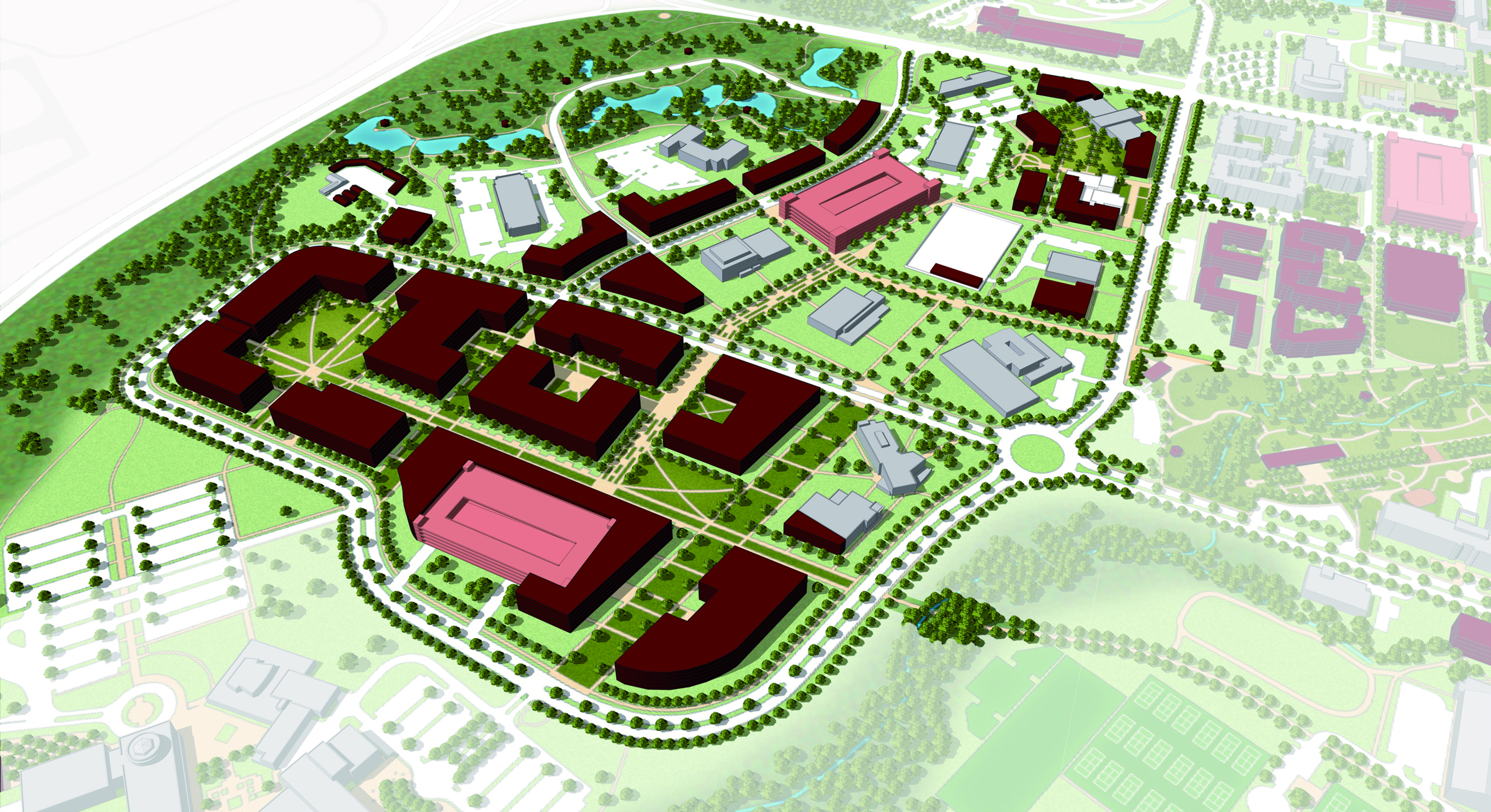 3D, color aerial of Research Park zone development plan from the Texas A&M University 2017 Campus...