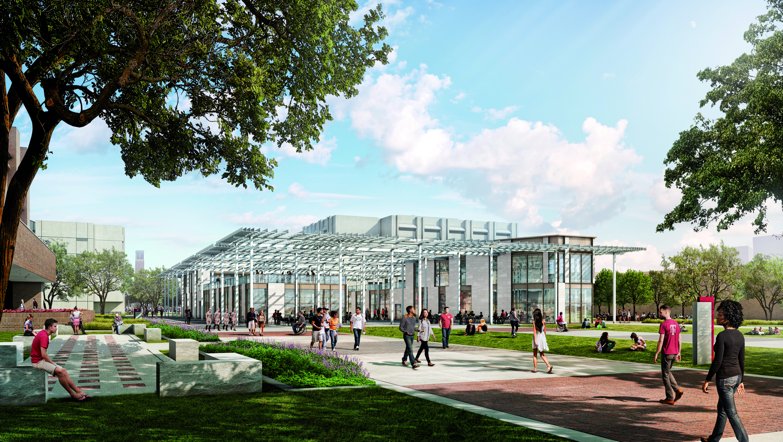 Color aerial rendering of proposed West Campus Pavilion from the Texas A&M University 2017 Campus...