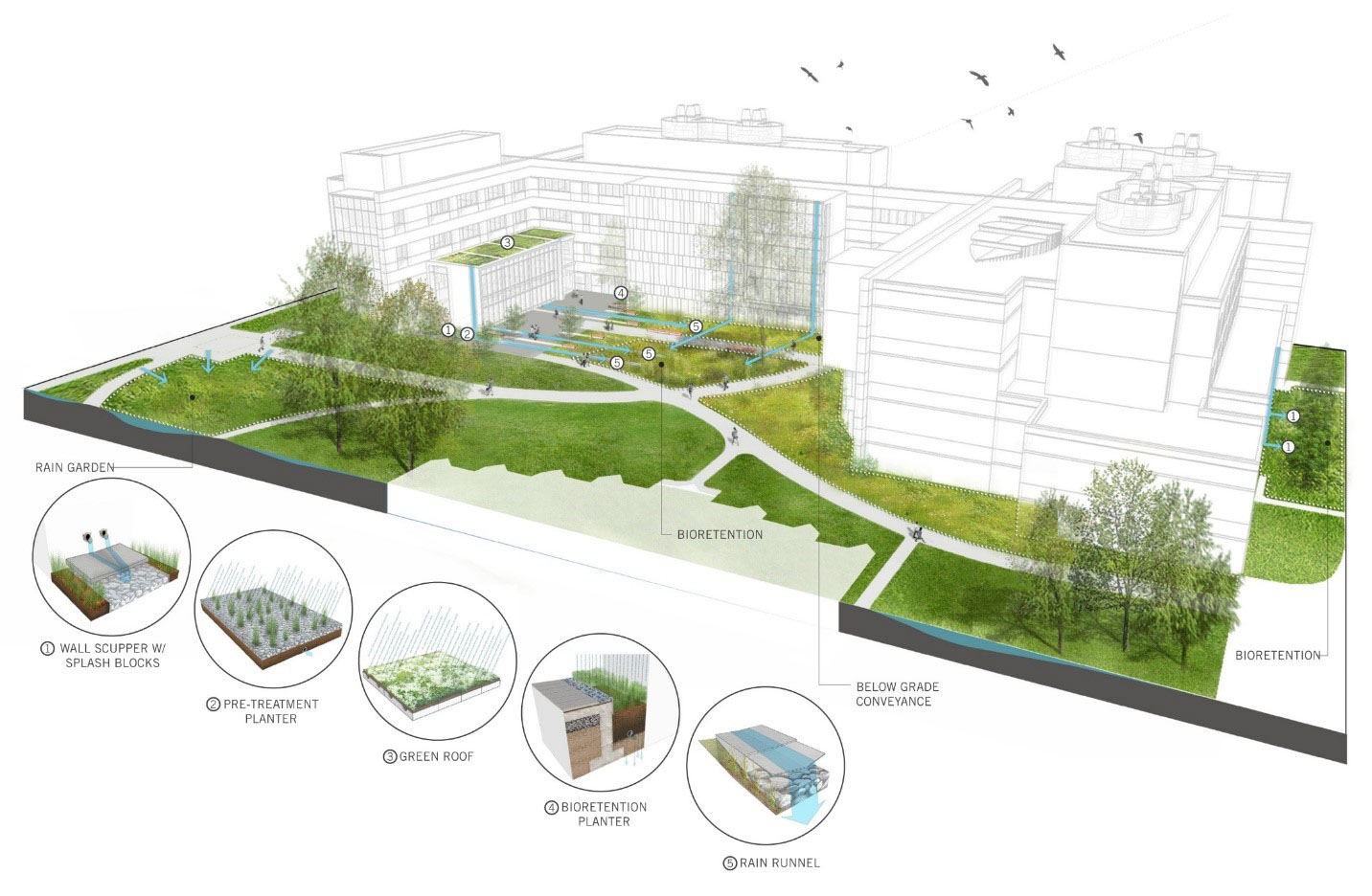 A diagram depicts the various levels of stormwater management at the University of Delaware