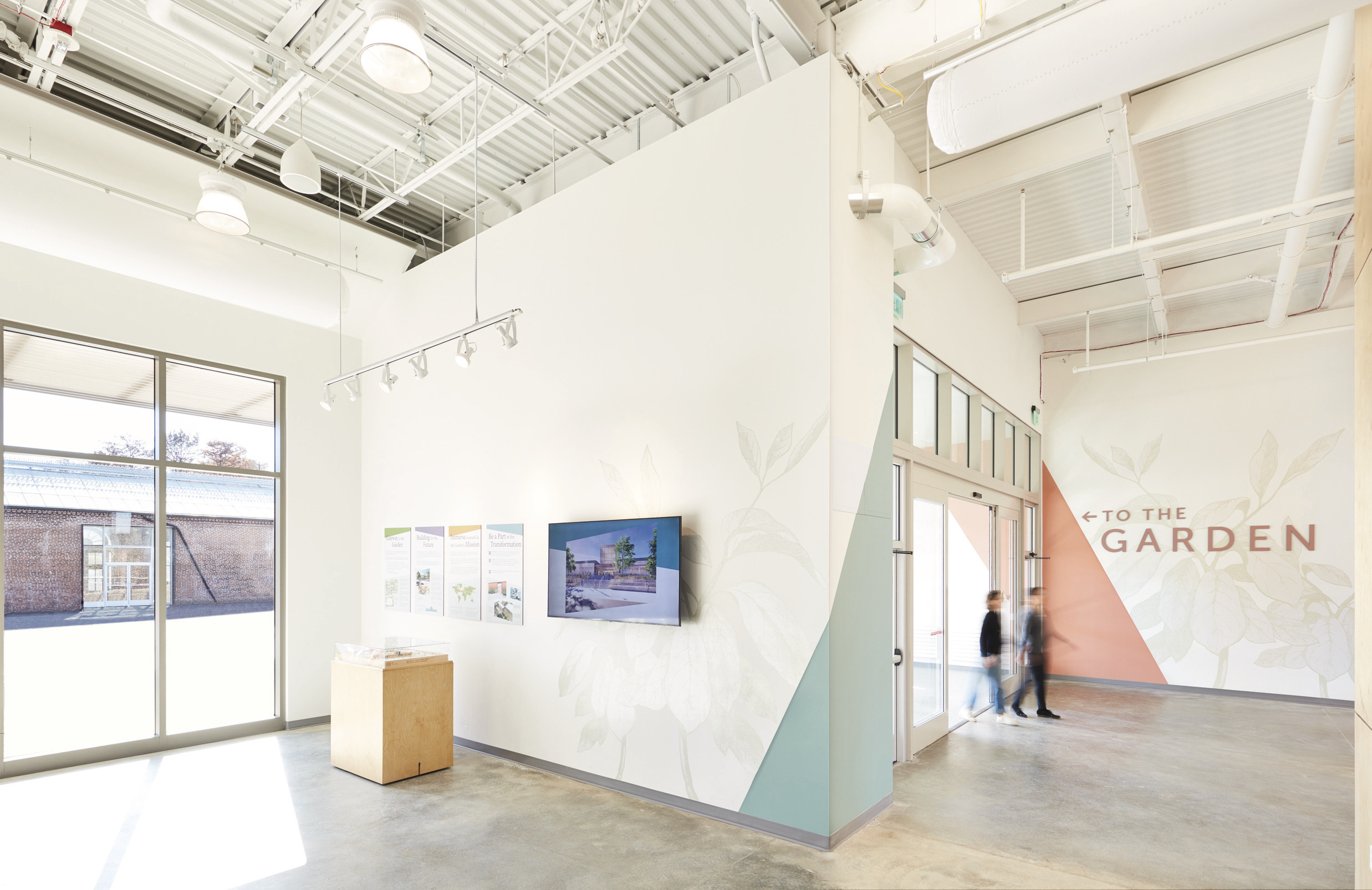 An interior view of the phase one visitor center at the Missouri Botanical Garden, complete with...