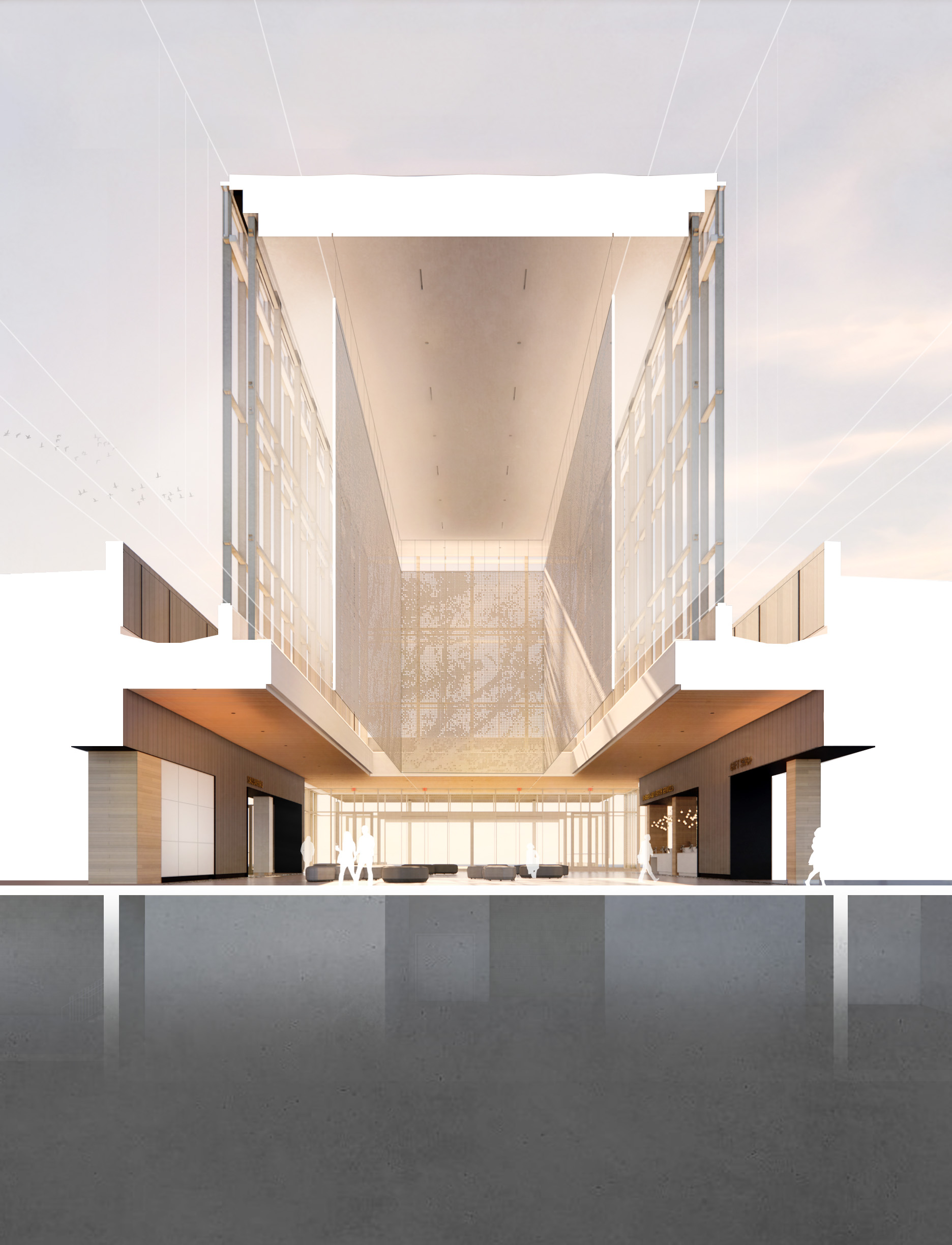 Section perspective through the lobby, showing the scrim in context