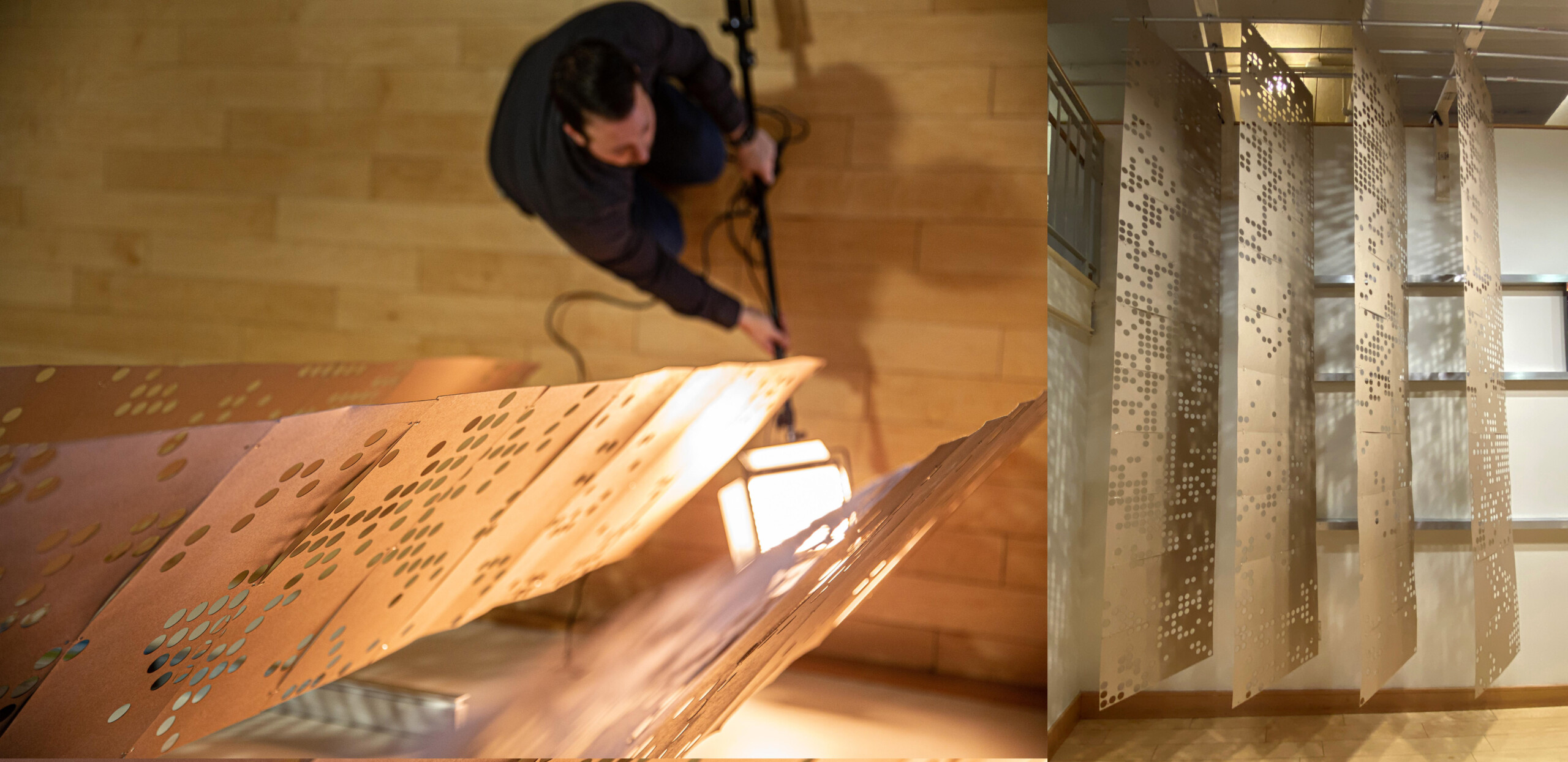 Fin mockups hang in the Baltimore office, allowing the team to determine how they filter light.