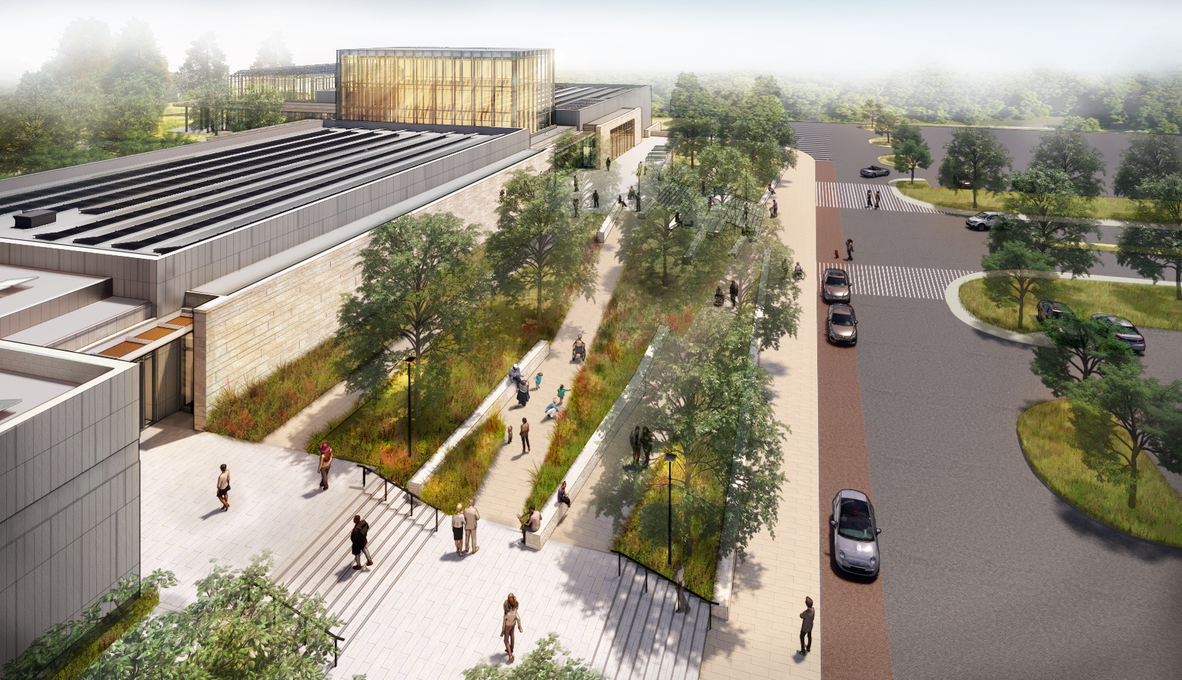 A rendering shows the outside entrance of the Missouri Botanical Garden, with water features and...