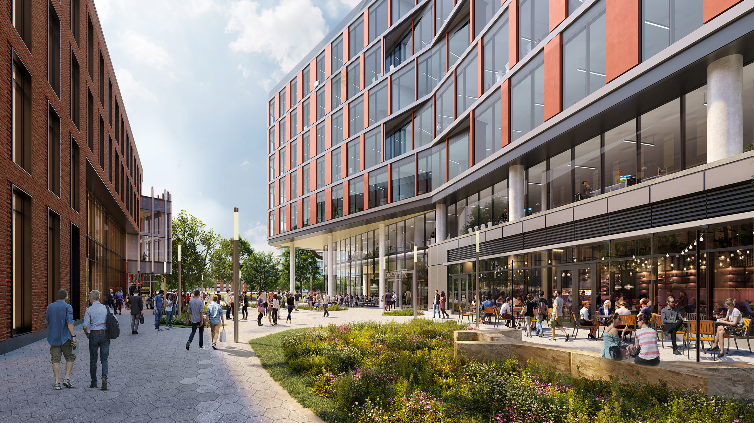 A daytime view of the Discovery District plaza