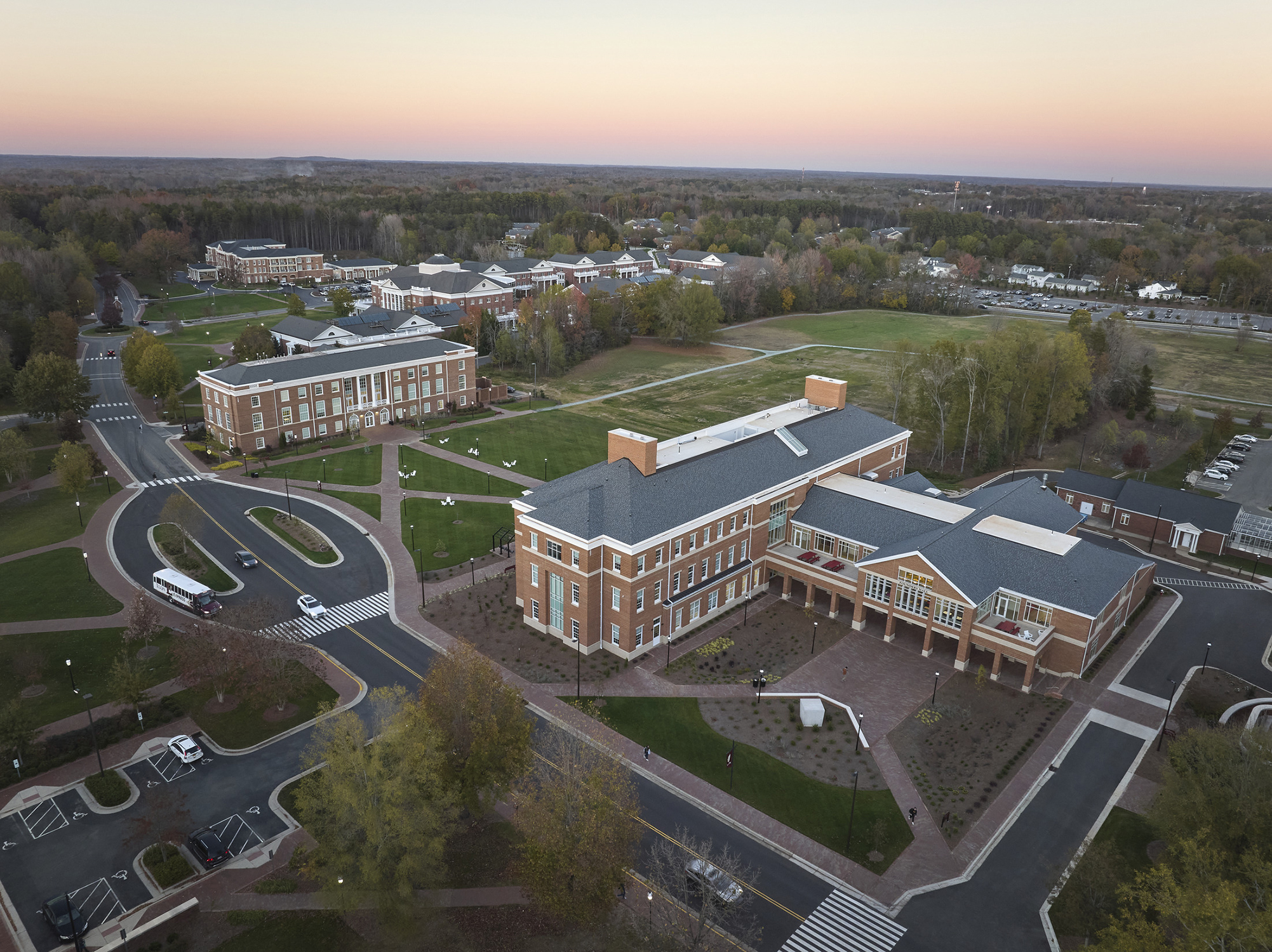 Aerial shot of Elon University's Founder and Innovation Halls