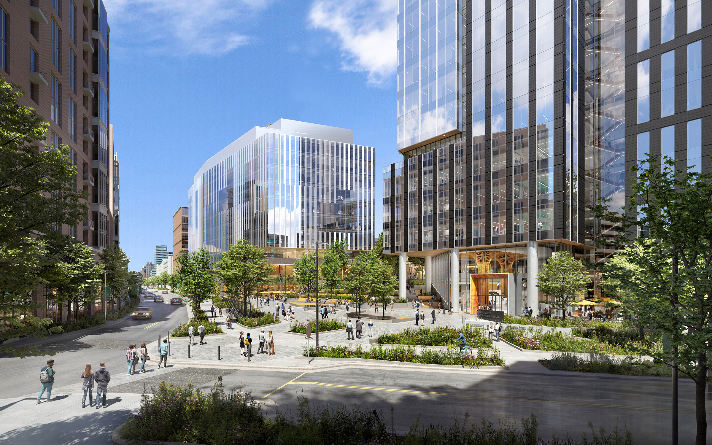 A view of the plaza between the Levine Center for Education and R1.