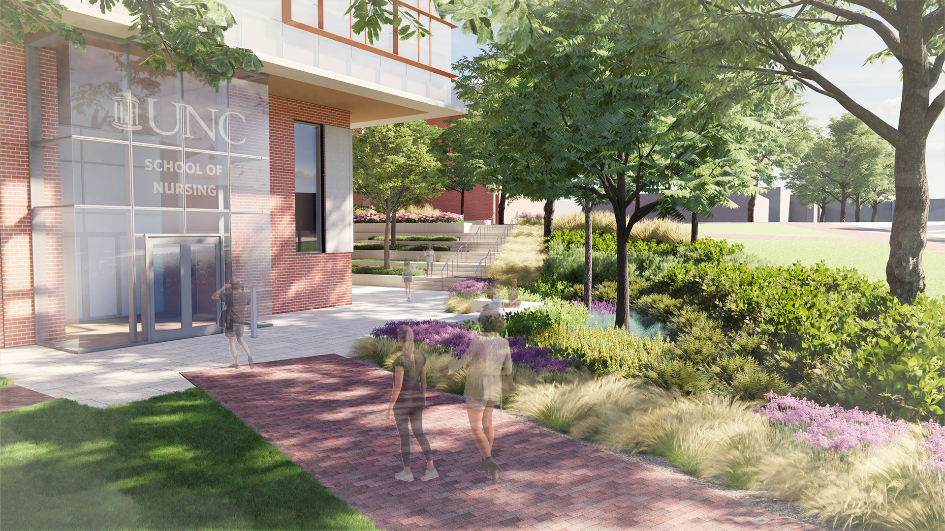 A rendering of the landscaped front entry of Carrington Hall at UNC Chapel Hill