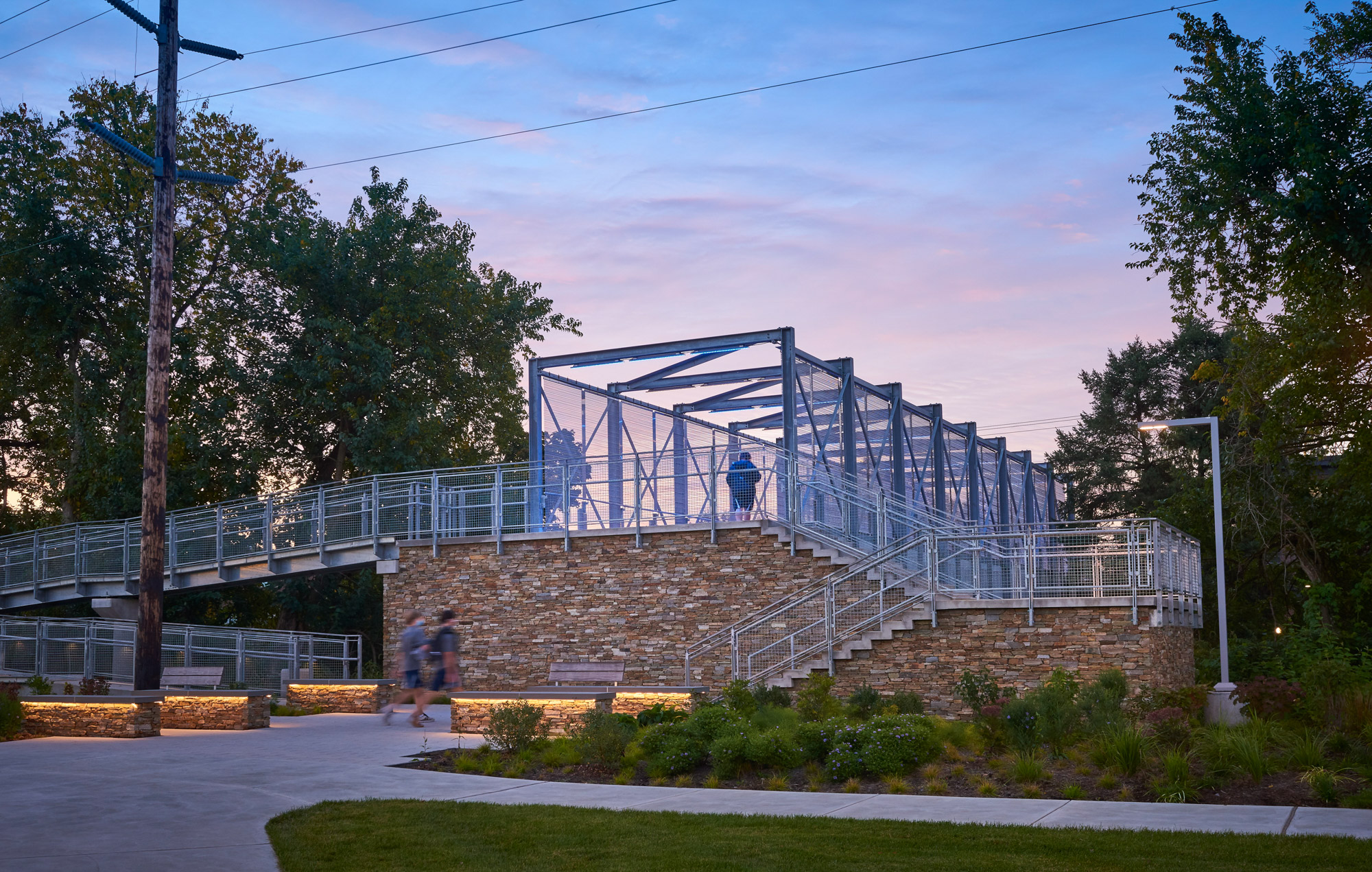 A dusk view of the Lebanon Valley College pedestrian bridge