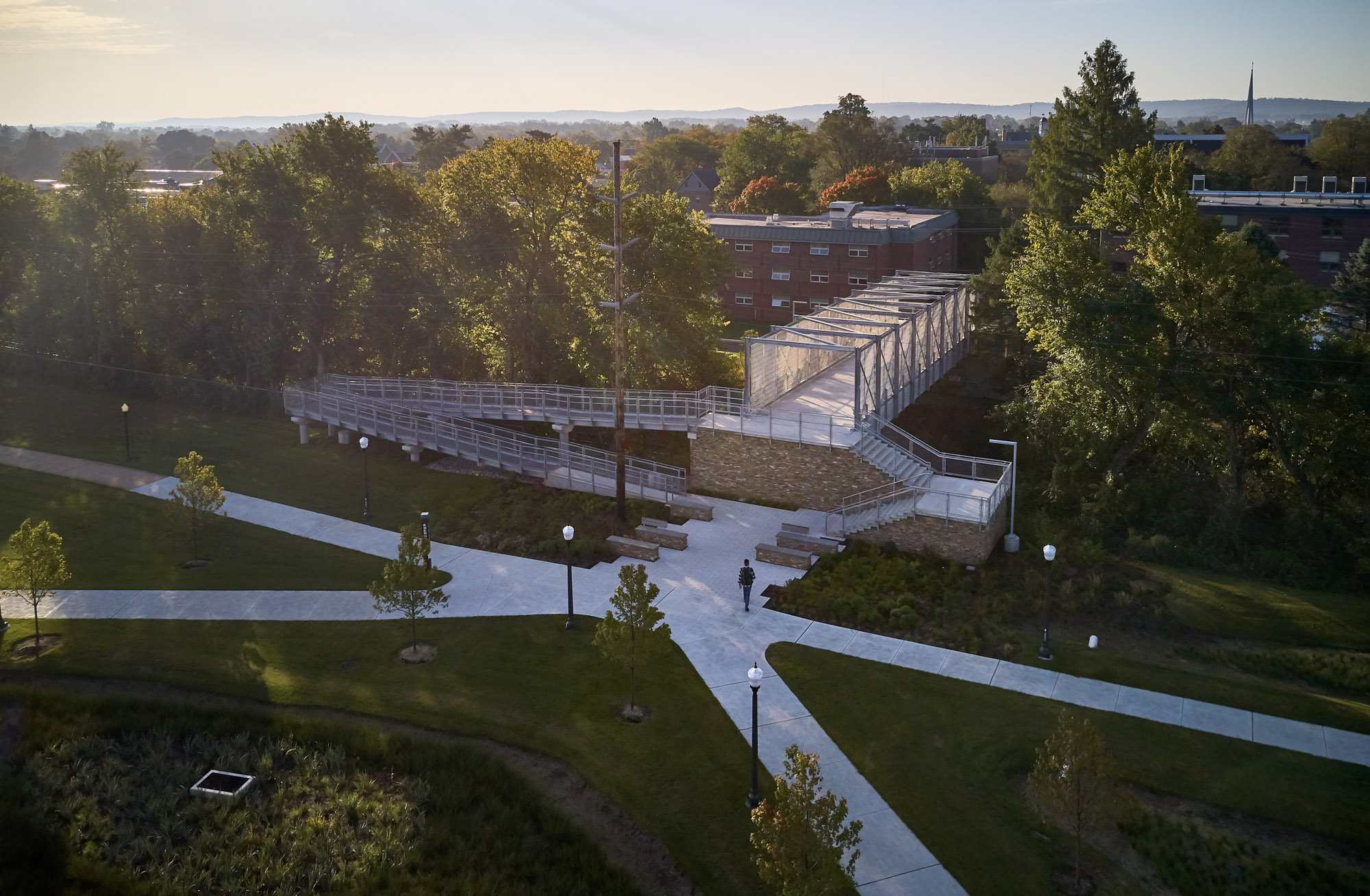 An aerial view of the Lebanon Valley College pedestrian bridge