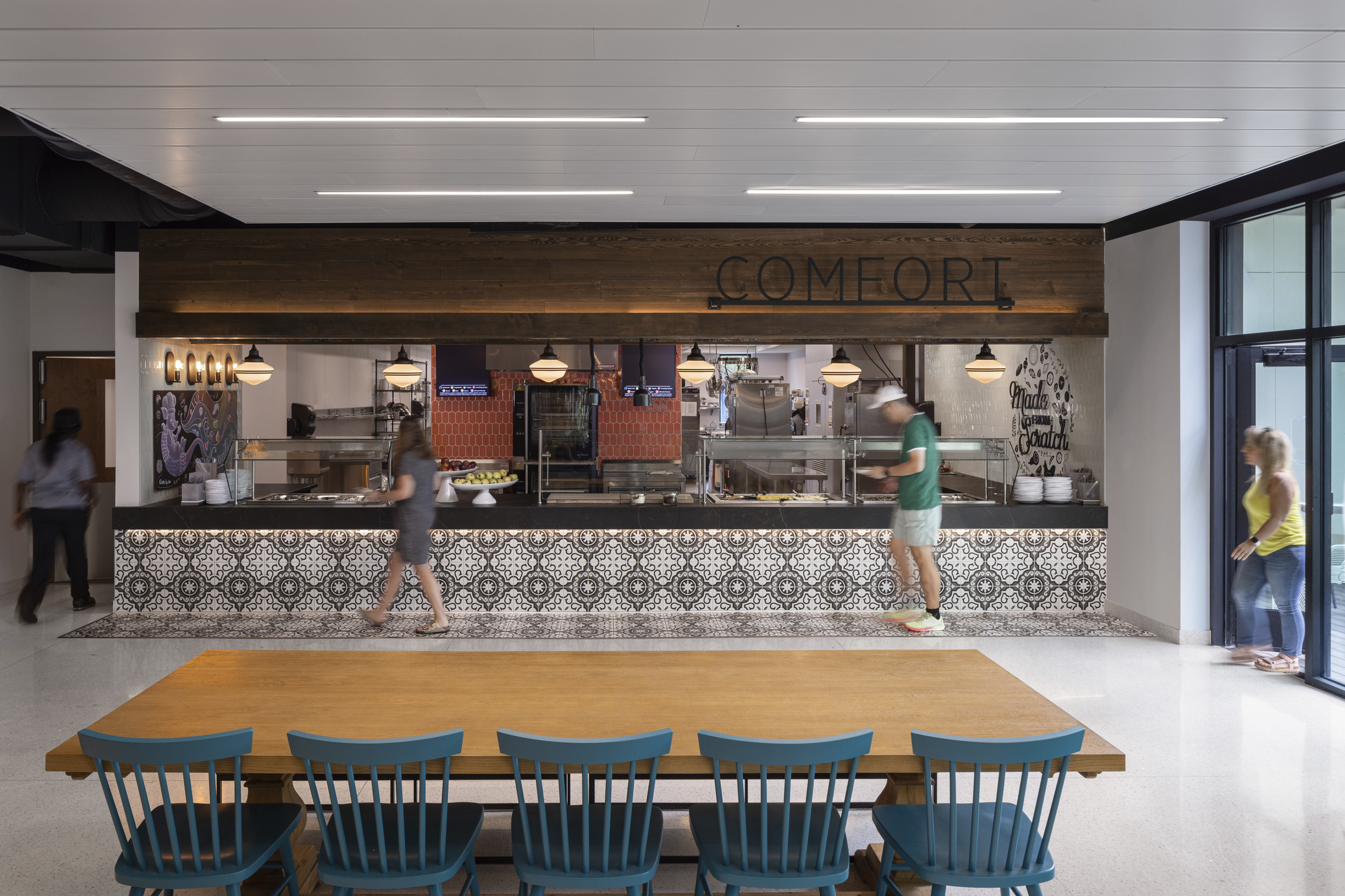 Comfort platform with signage on bulk head.