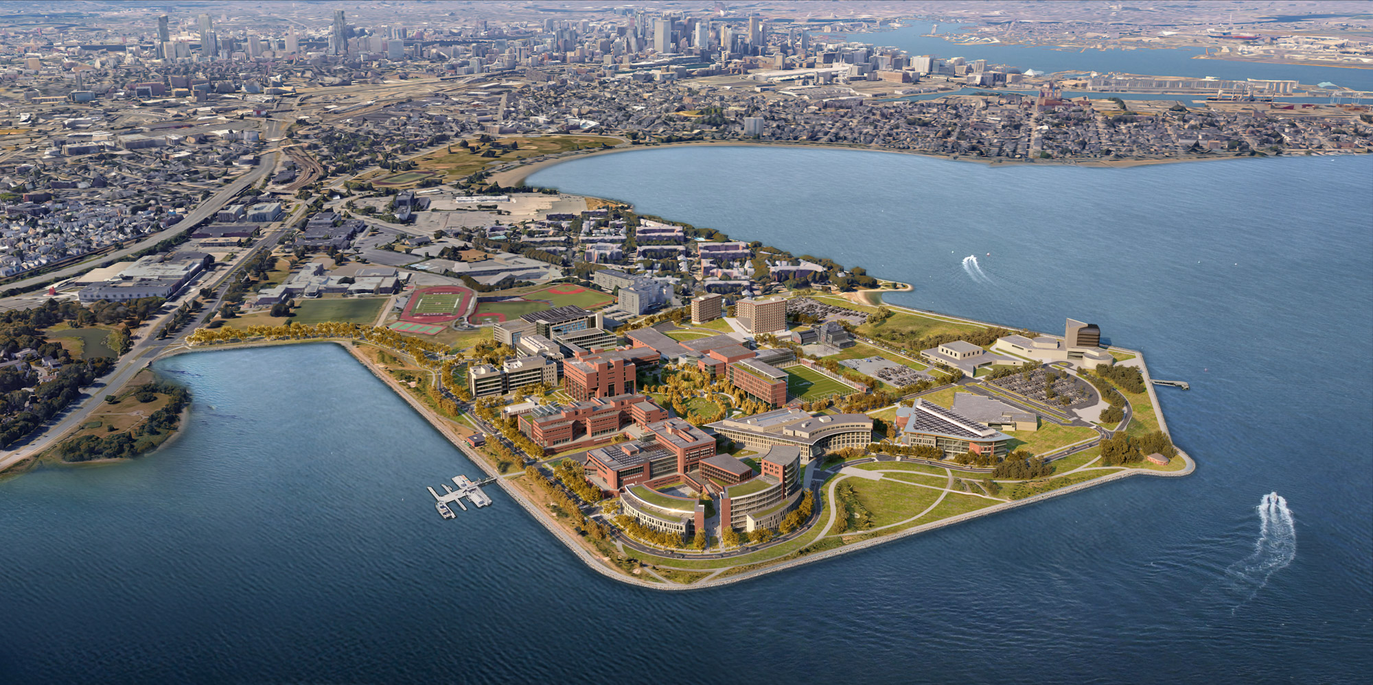 UMass campus plan aerial rendering with a view of Boston in the background