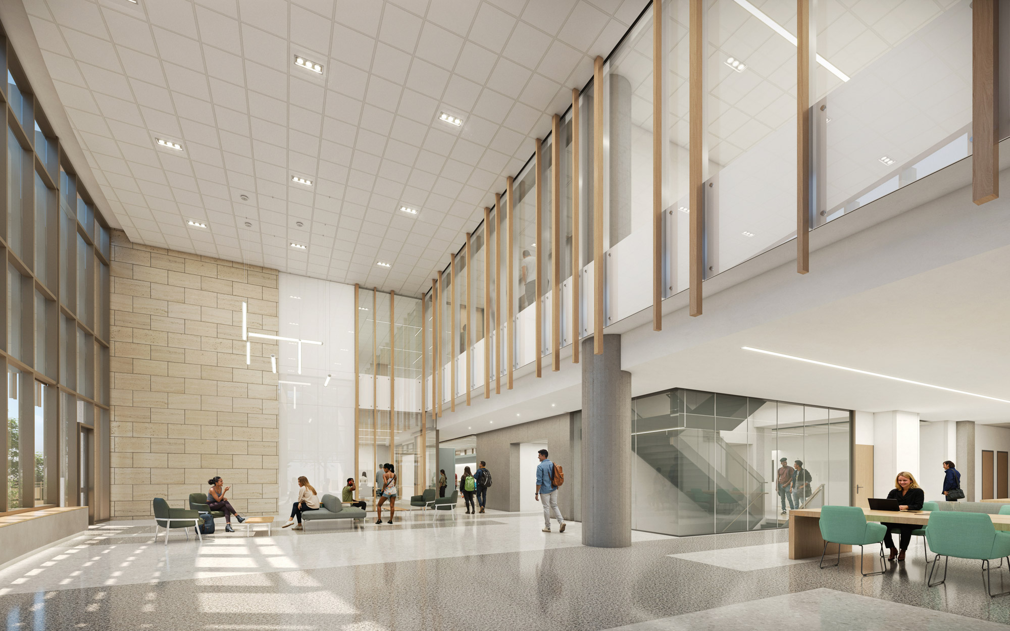 A rendering of the new double-height lobby in Texas State University's STEM building