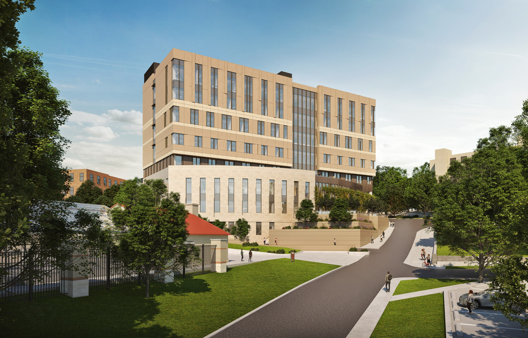 A rendering of the SE exterior view of Texas State University's STEM building