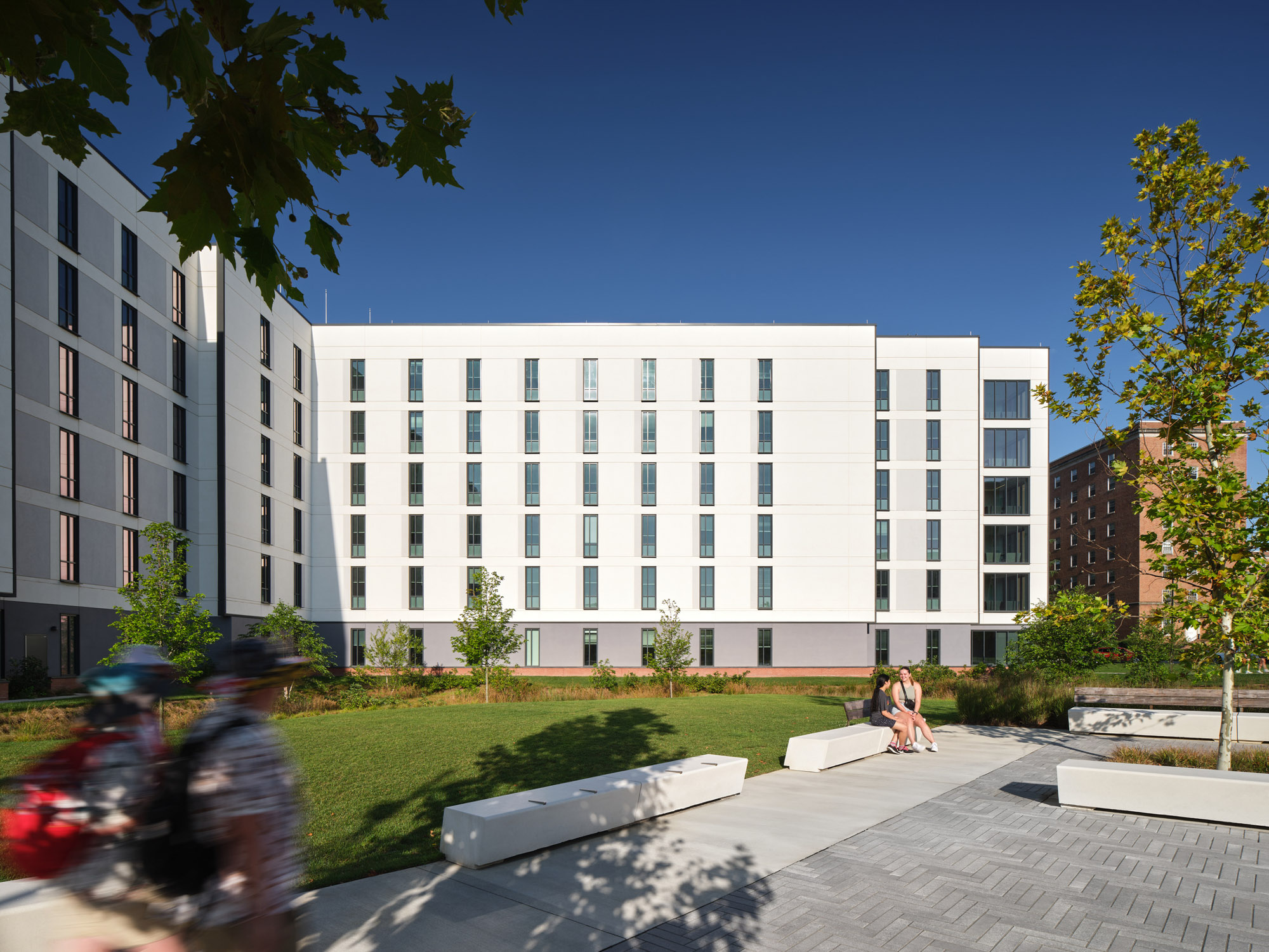 The exterior view of University of Maryland residence halls with the plaza