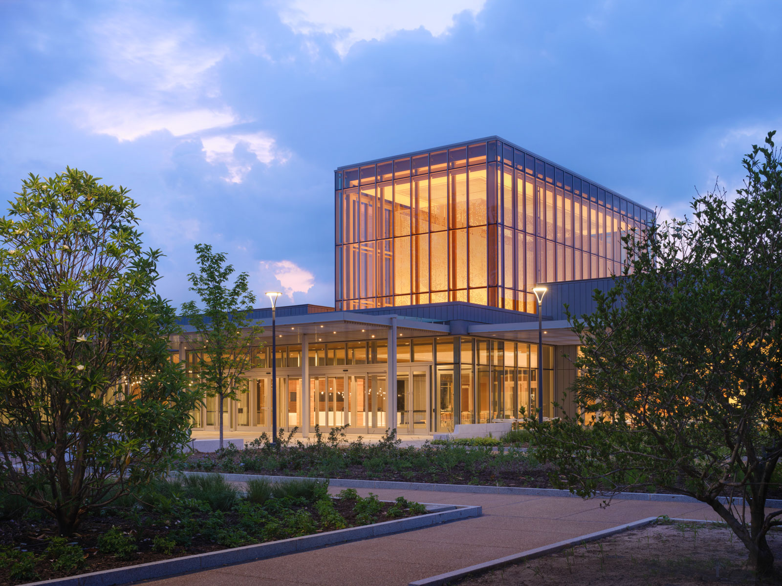 An exterior view of the Jack C. Taylor Visitor Center at dusk