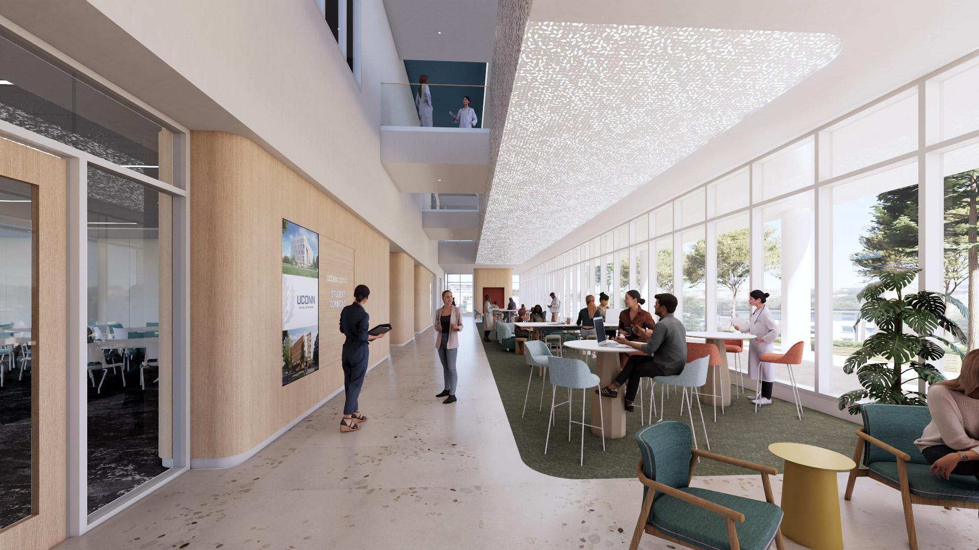 A rendering of the Student Commons inside UConn's new School of Nursing