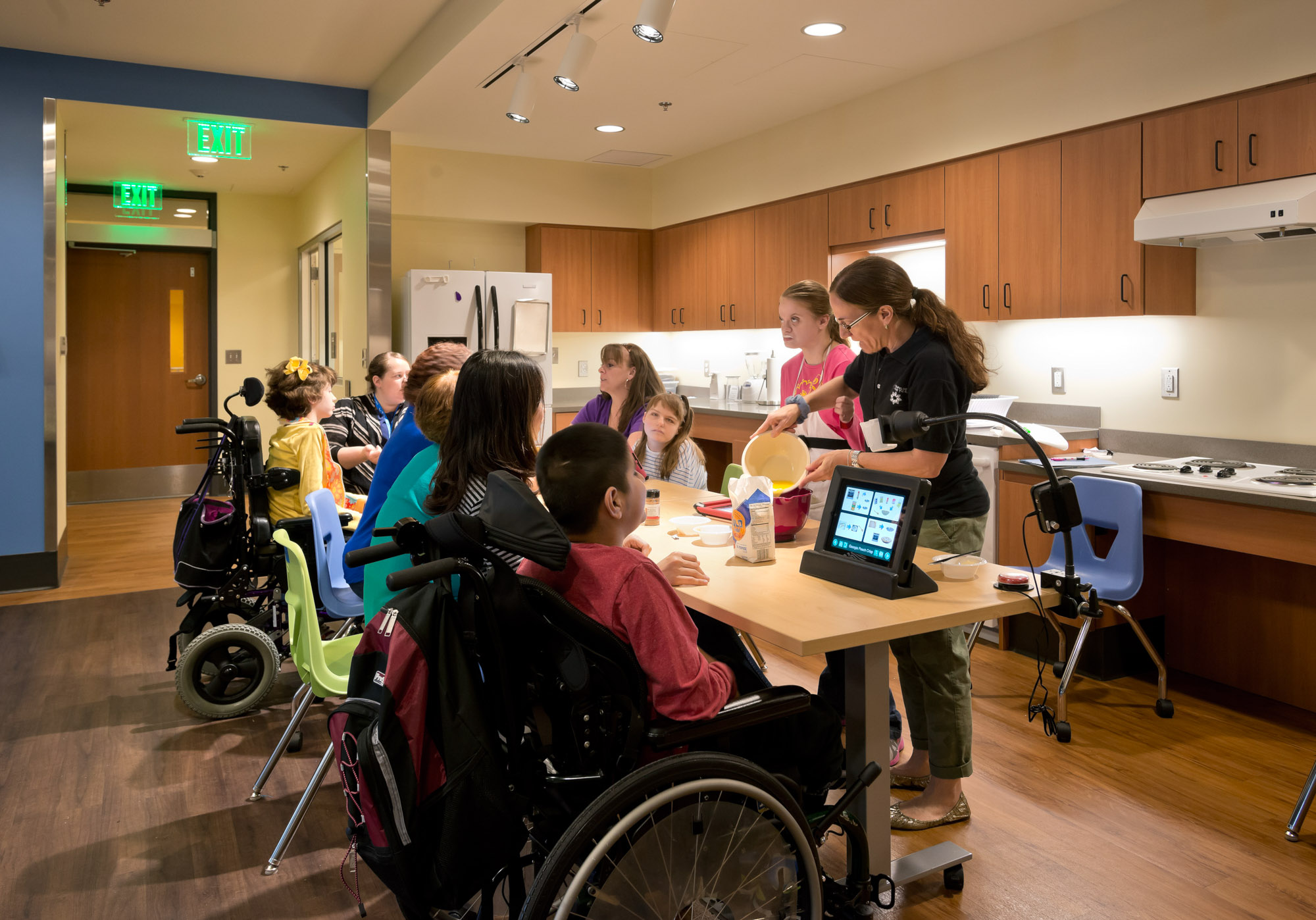 A shared kitchen with accessible features at the Maryland School for the Blind