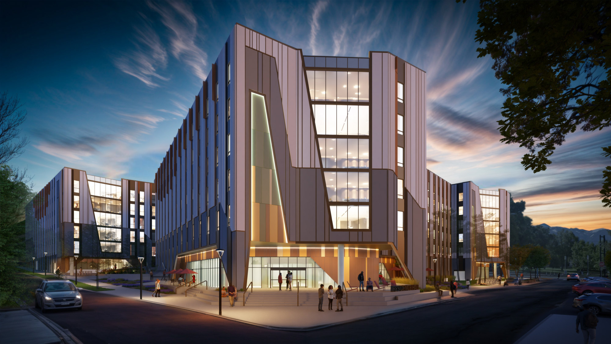 An evening rendering of the University of Utah student housing northwest view