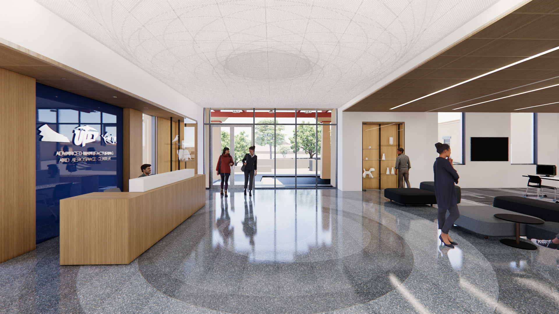 An interior rendering of the lobby at the UTEP AMAC