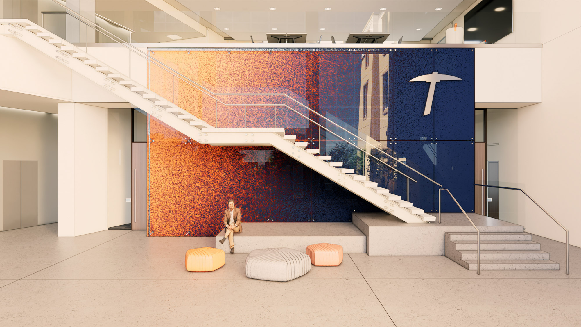 A rendering of a graphic wall behind a stairwell and soft furniture at UTEP Texas Western Hall