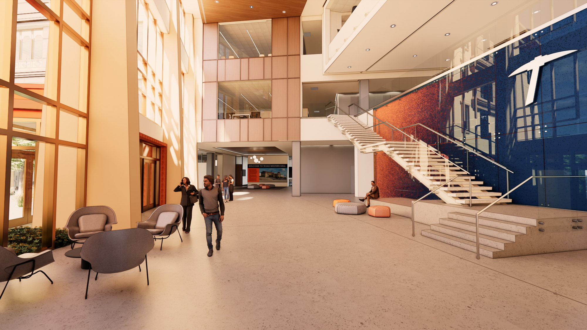 A rendering of a three-story lobby space linking the two wings of UTEP Texas Western Hall