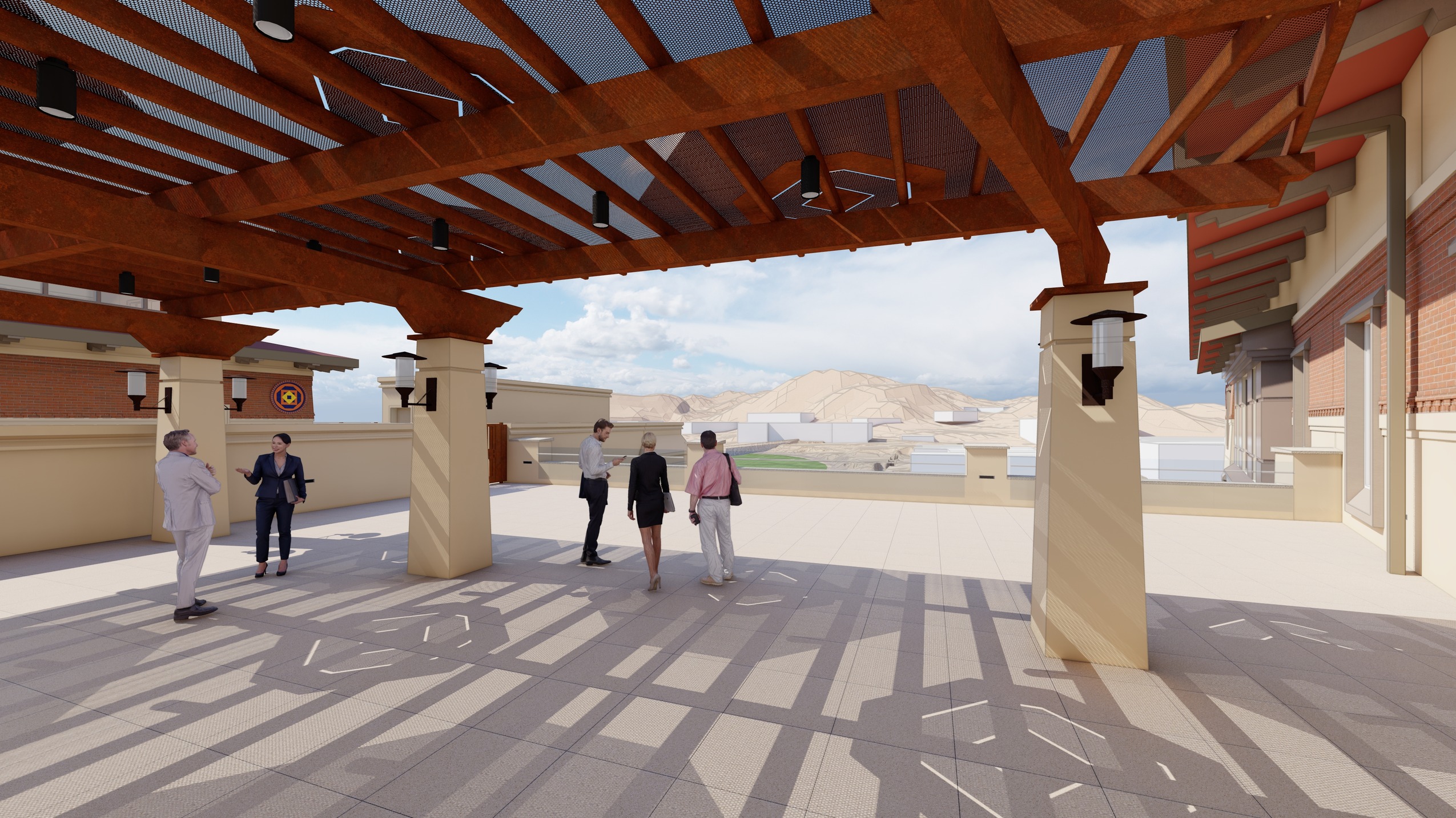A rendering of a rooftop terrace at UTEP Texas Western Hall, with has views of the neighboring...