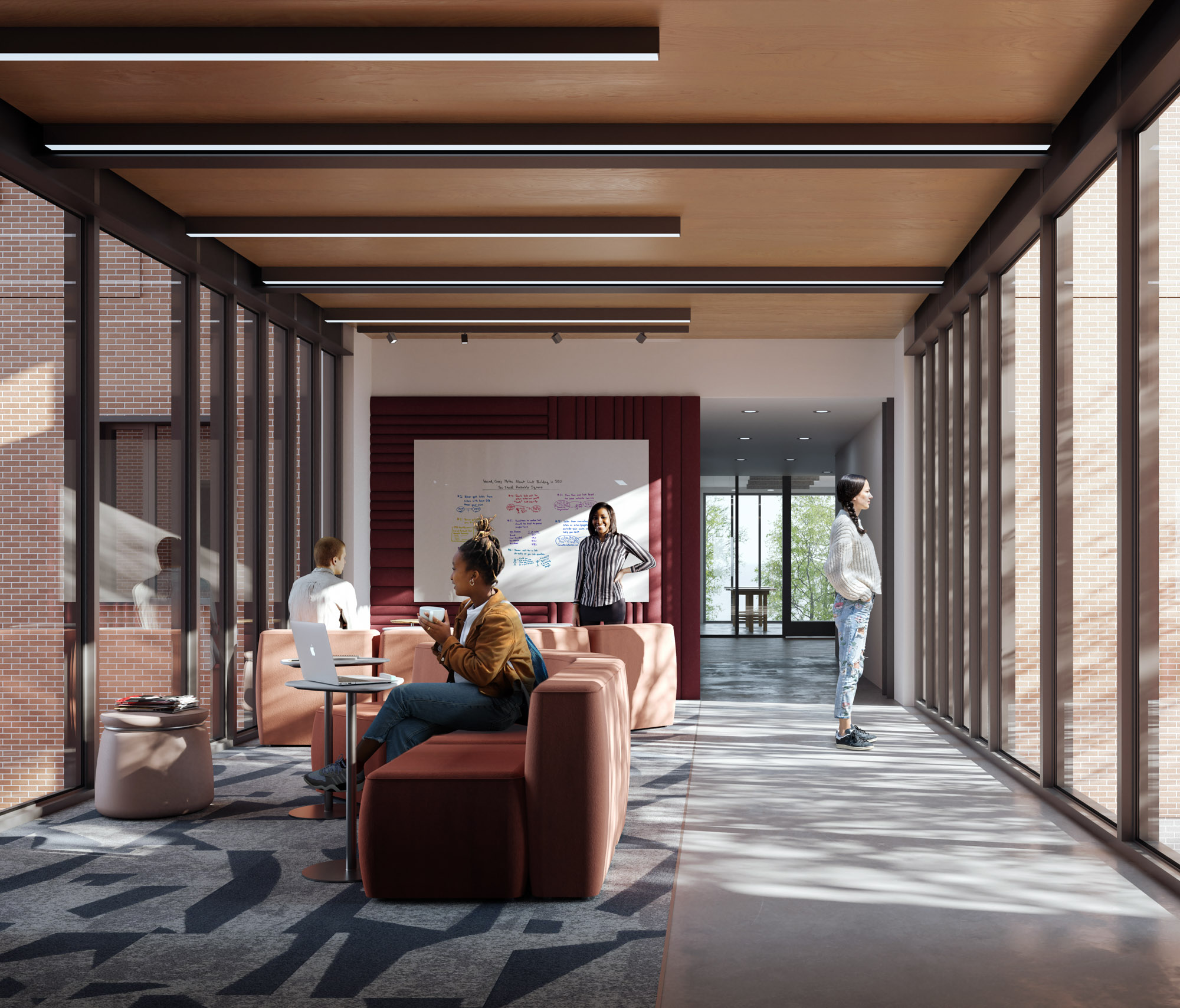A rendering of a student collaboration area within Bryant University's Puishy Residence Complex,...