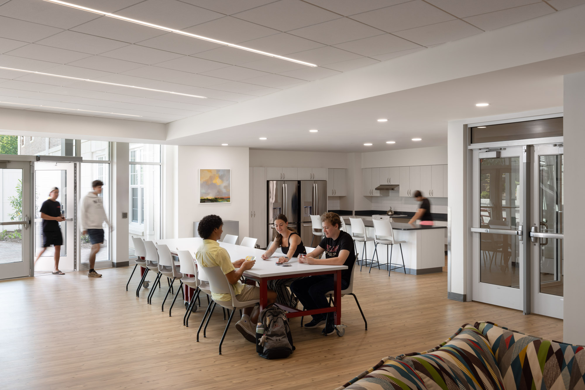 A student kitchen and lounge area within Elon University's East Neighborhood Commons