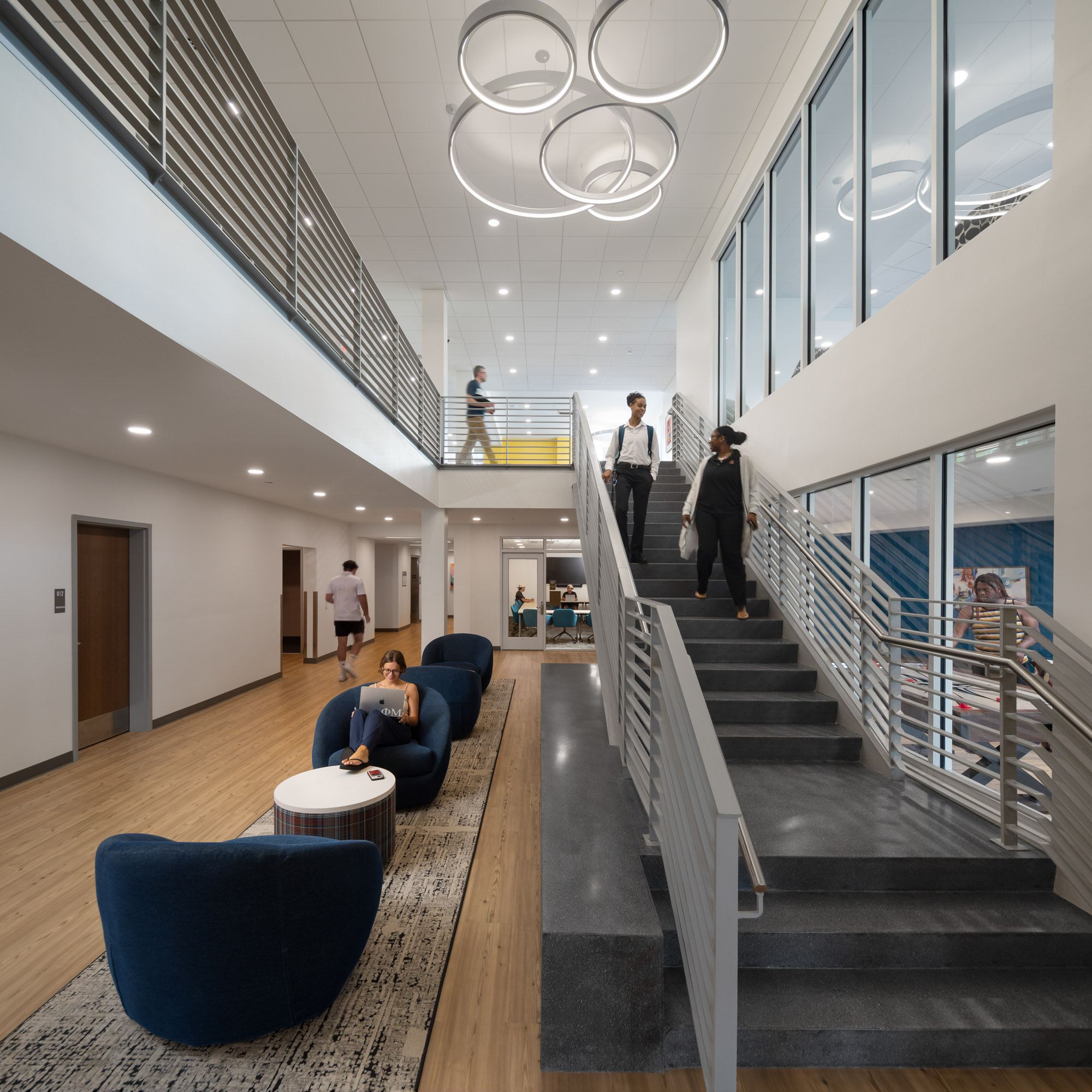 A main stair in Elon University's East Neighborhood Commons