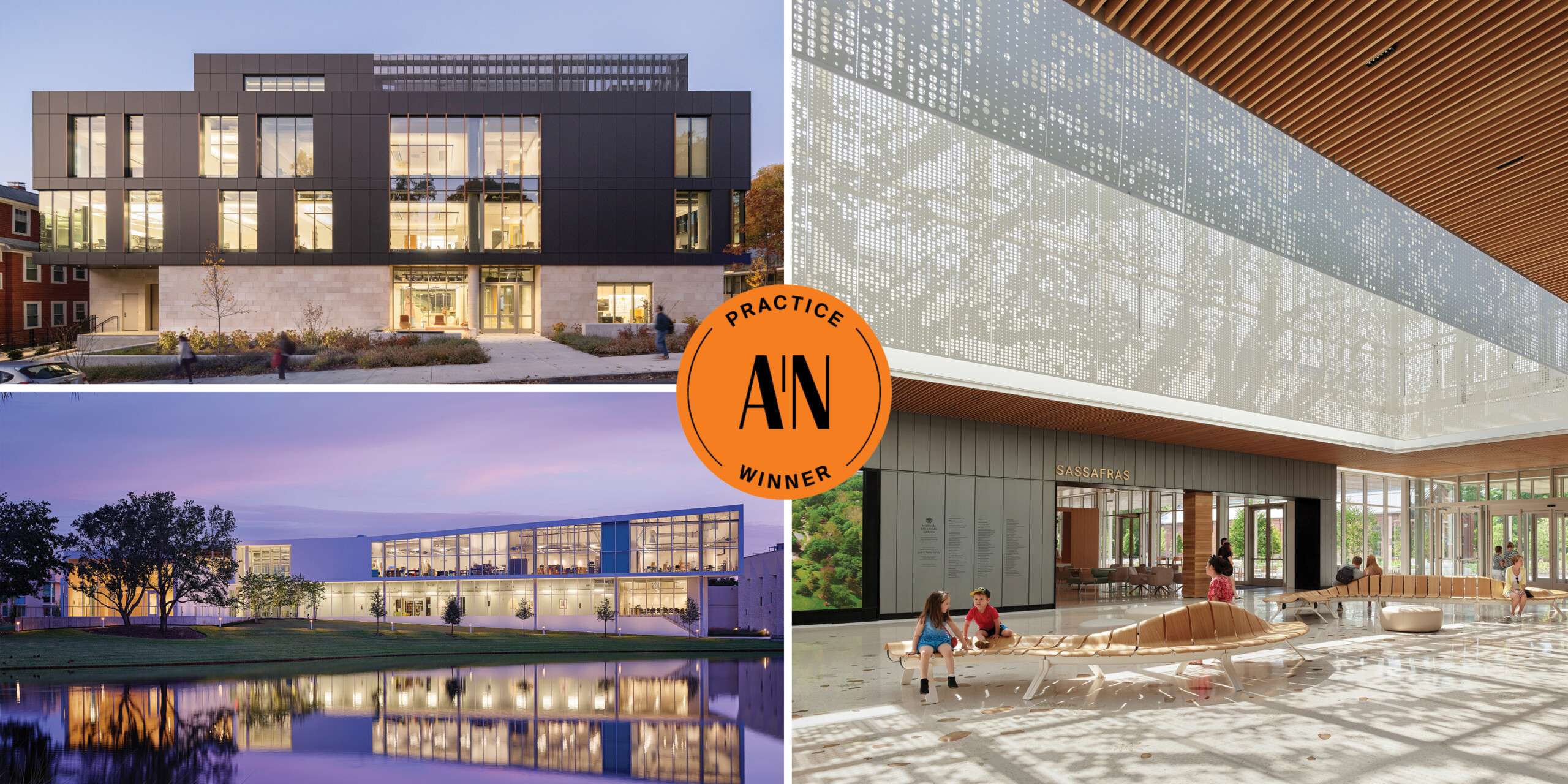 A collage of Ayers Saint Gross projects with the Architect Newspaper Best of Practice award seal