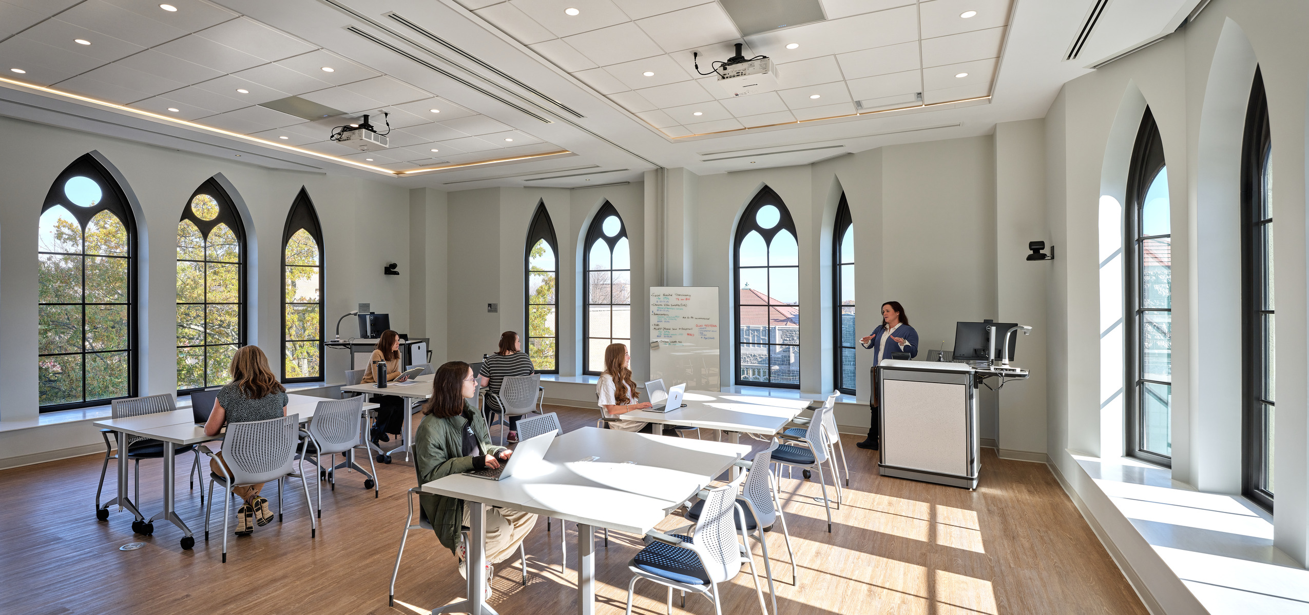 A classroom in the Conway School of Nursing at The Catholic University of America features clerestory...