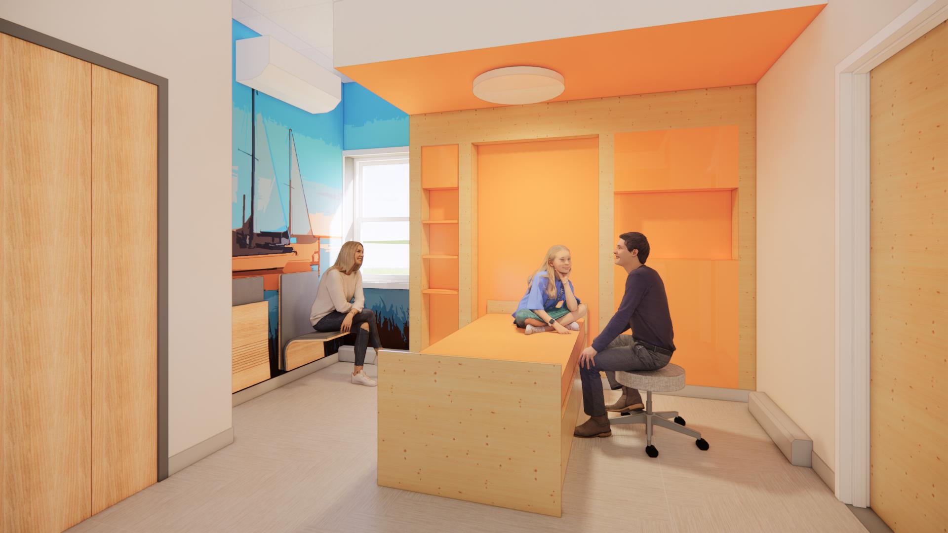 A rendering of a patient treatment room with orange walls at the Queenstown location of the Hole...