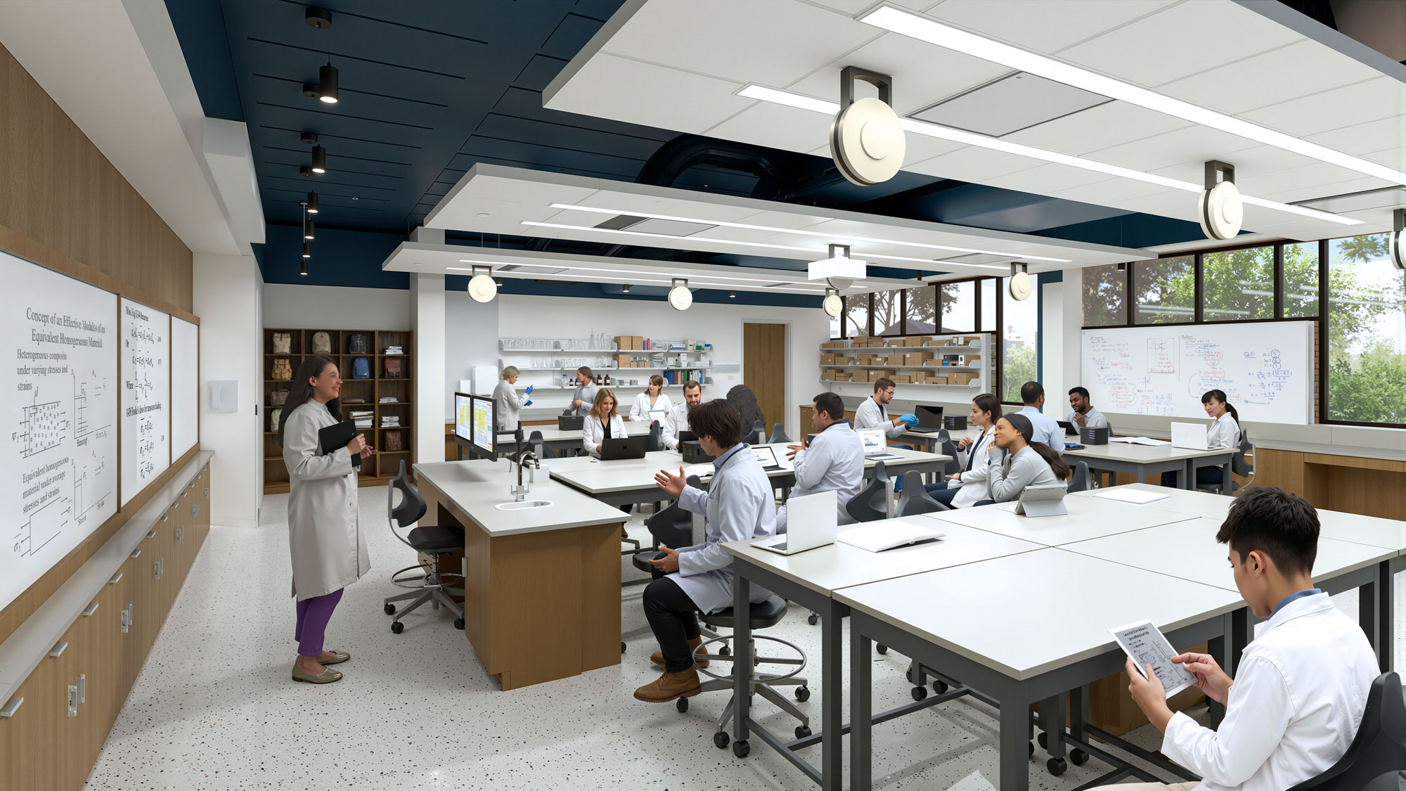 Physical sciences lab classroom with instructor and students working at lab benches equipped with...