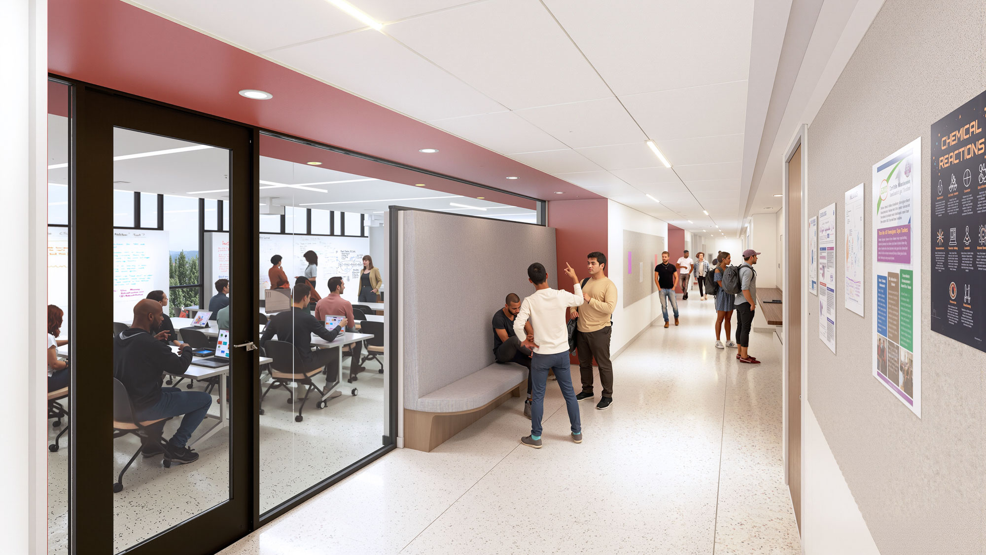 Interior corridor with glass-walled classroom showcasing active learning, writable surfaces, and...