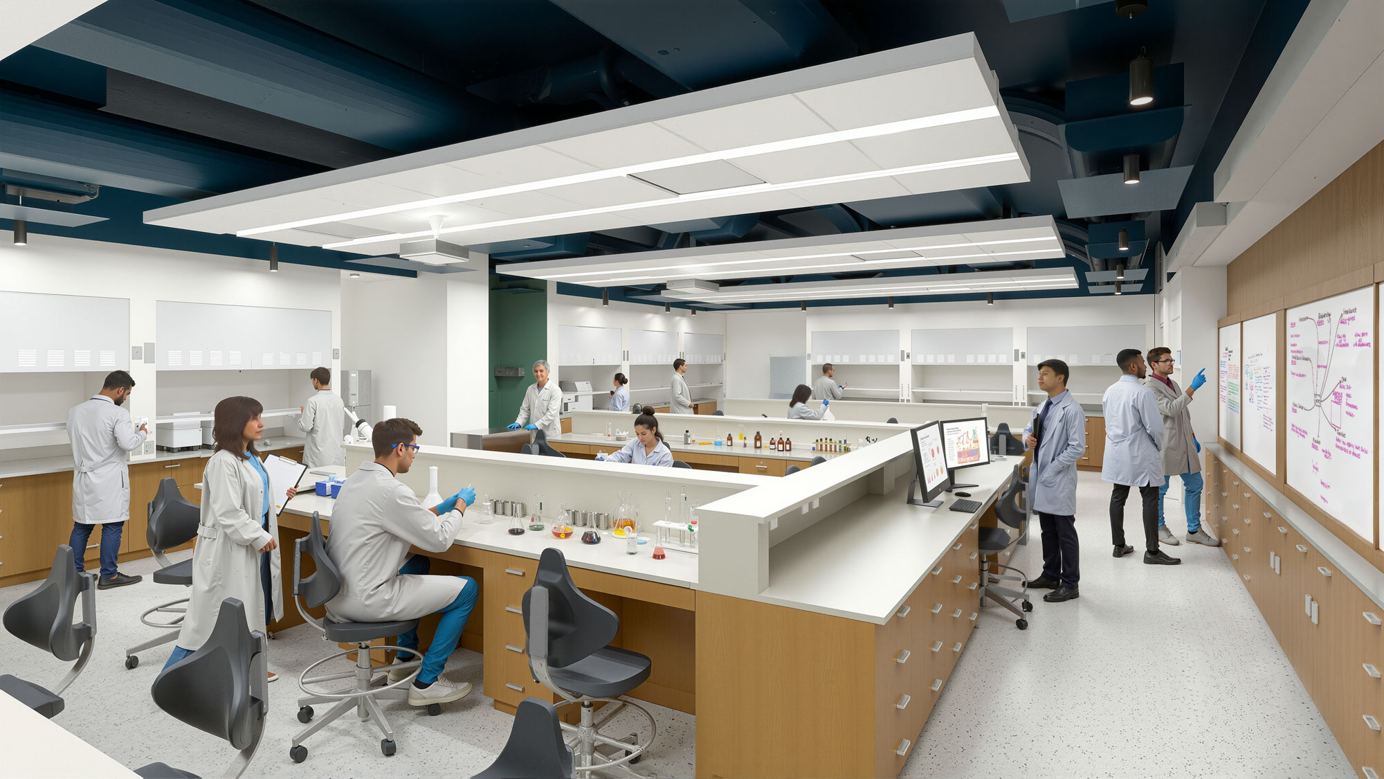Organic chemistry laboratory with students conducting experiments at lab benches under suspended...