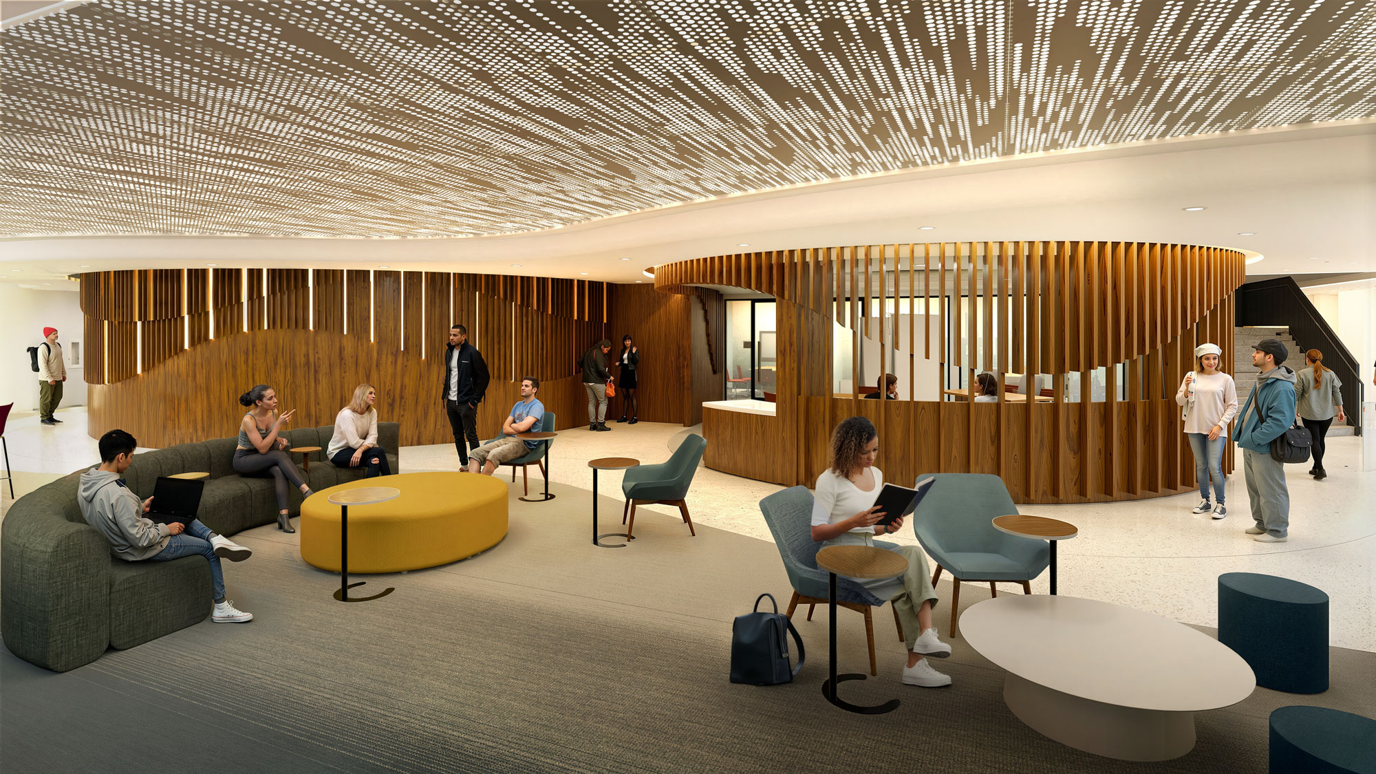 Flexible learning commons with curved wood enclosures, lounge seating, and students meeting and...