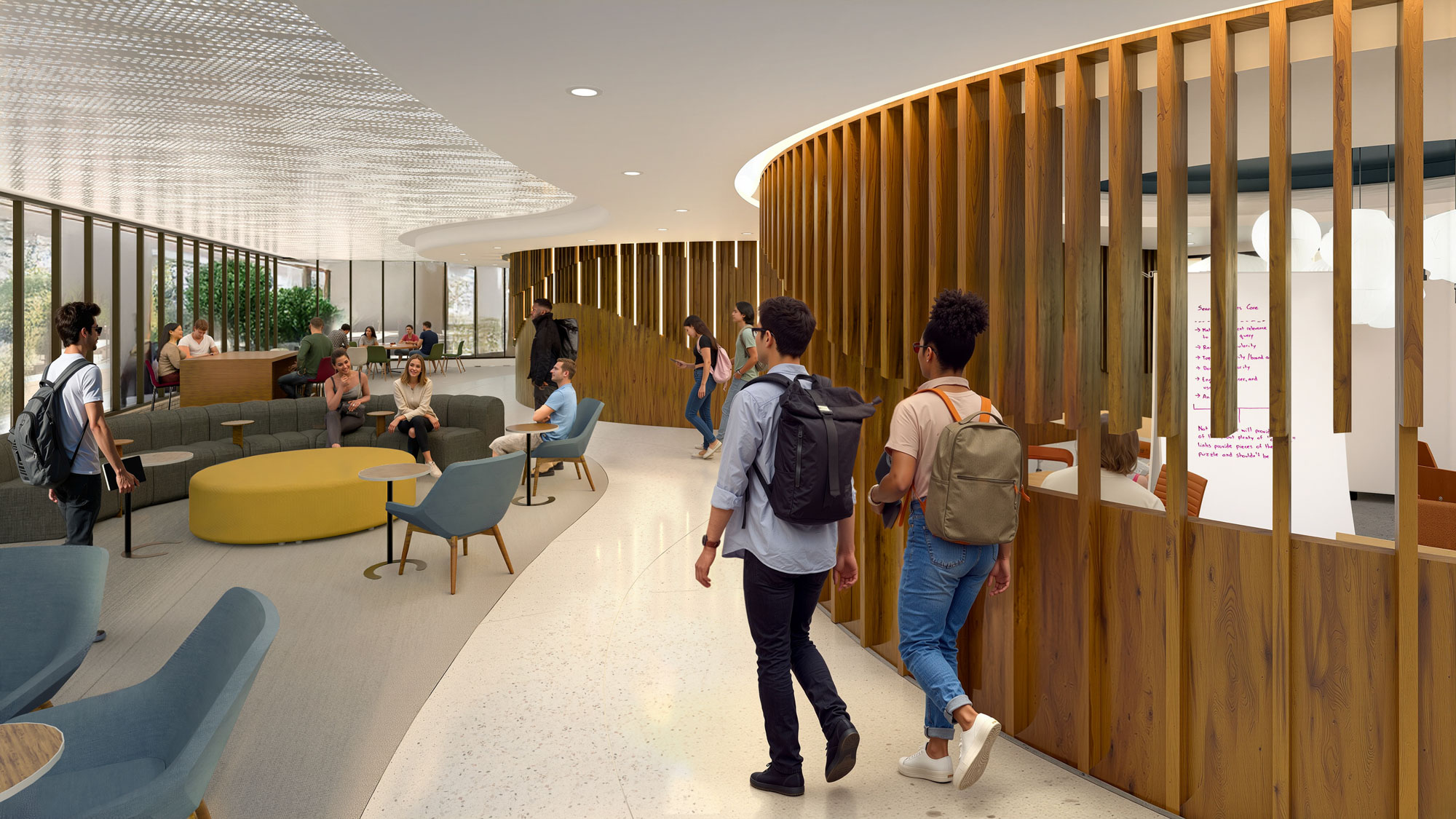 Open collaboration lounge with curved wood slat walls, flexible seating, and students studying...