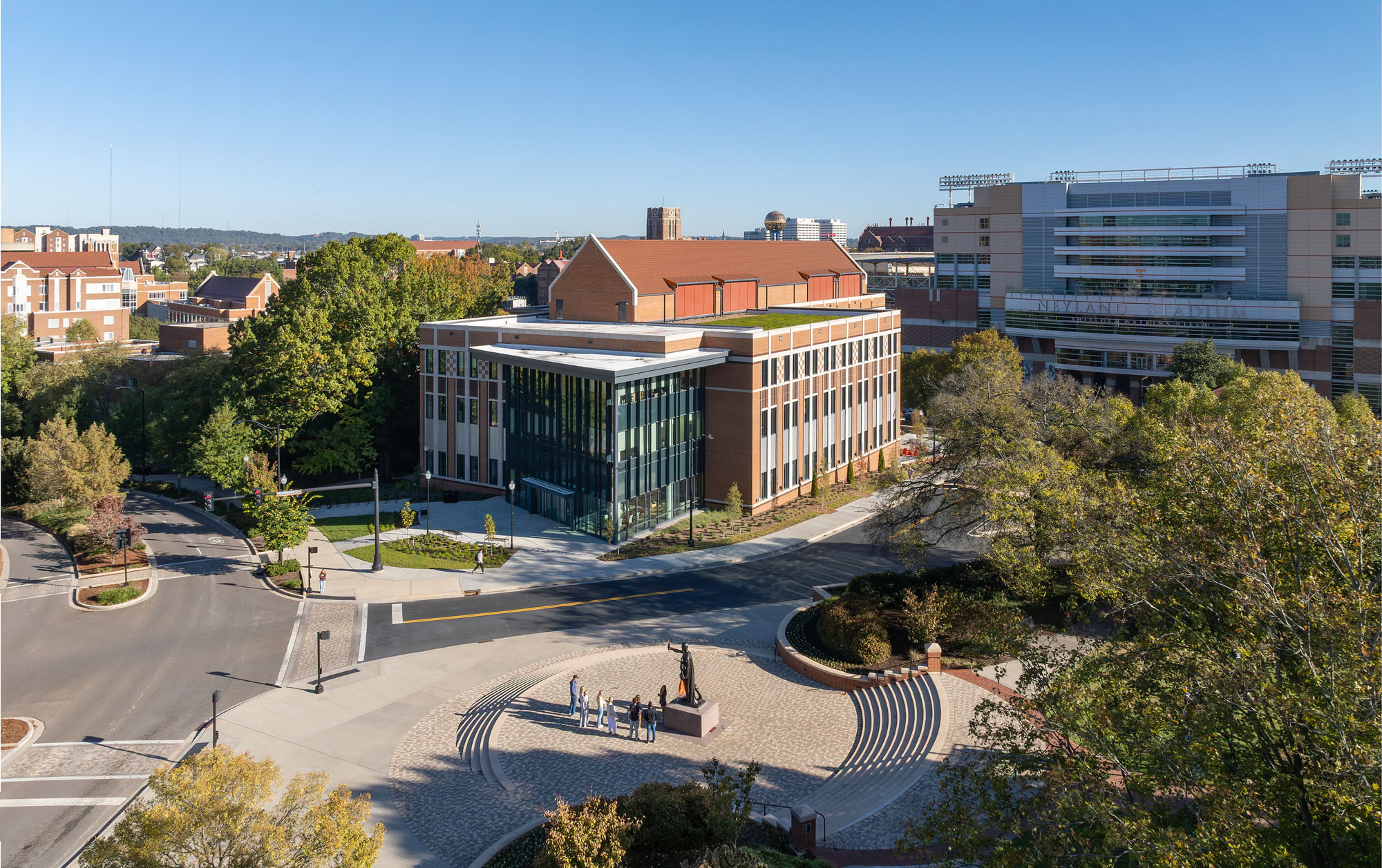 Aerial view of the University of Tennessee, Knoxville Nursing Building within its campus setting,...