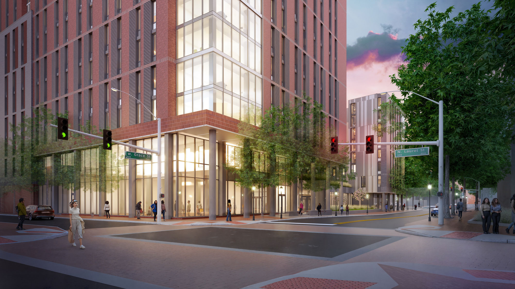 A rendering of the corner view and front entrance of Grace and Laurel Residence Halls at Virginia...