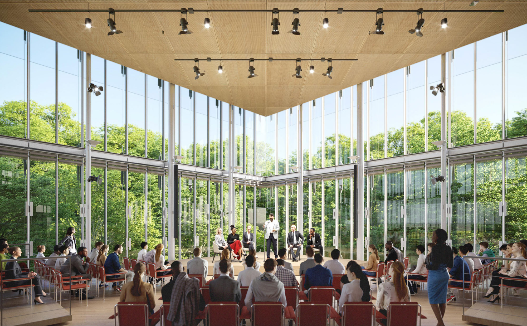 A glass-enclosed auditorium at the Stavros Niarchos Foundation Agora Institute